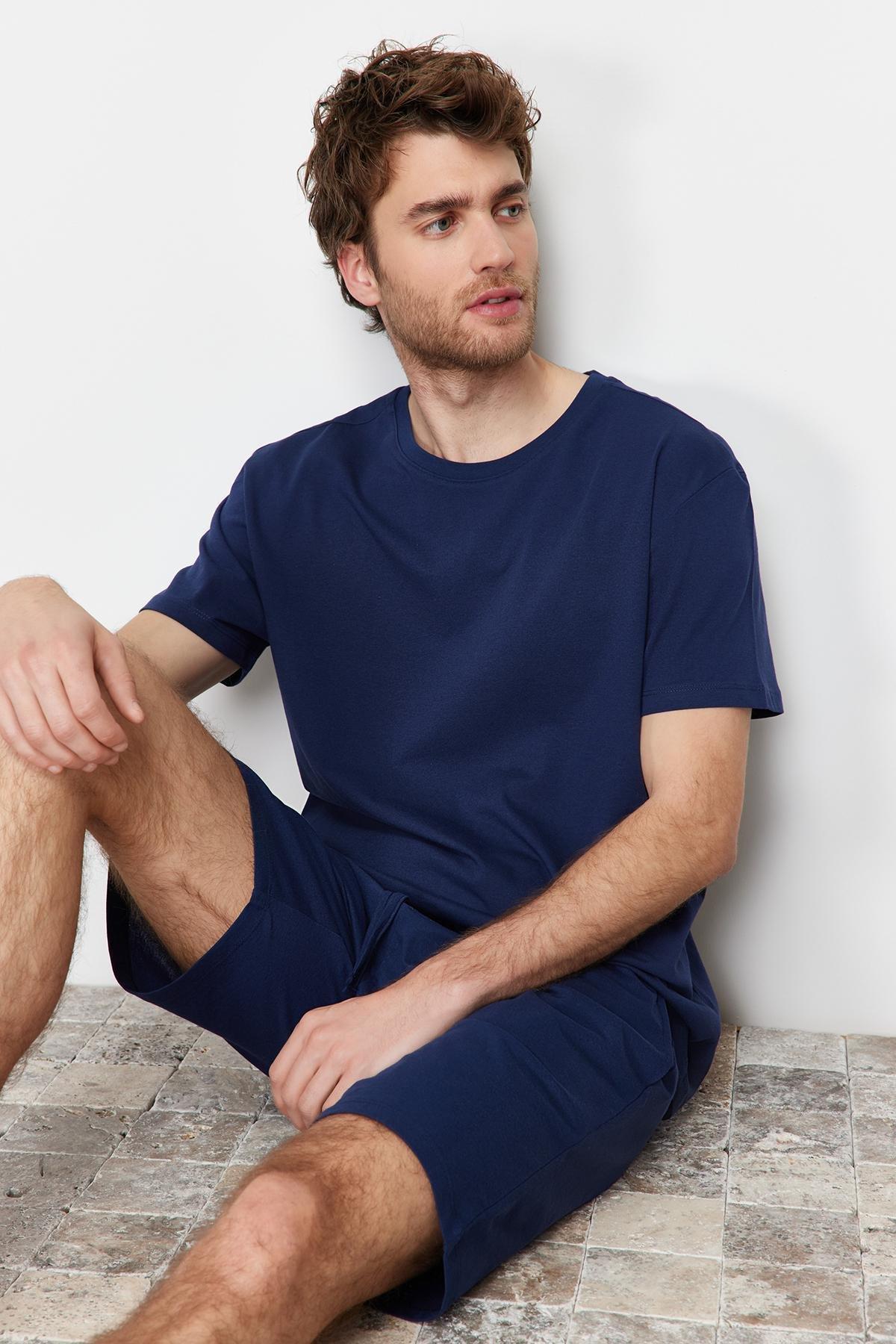 Blue Plain Pyjama Set, Dark blue, large image number 2