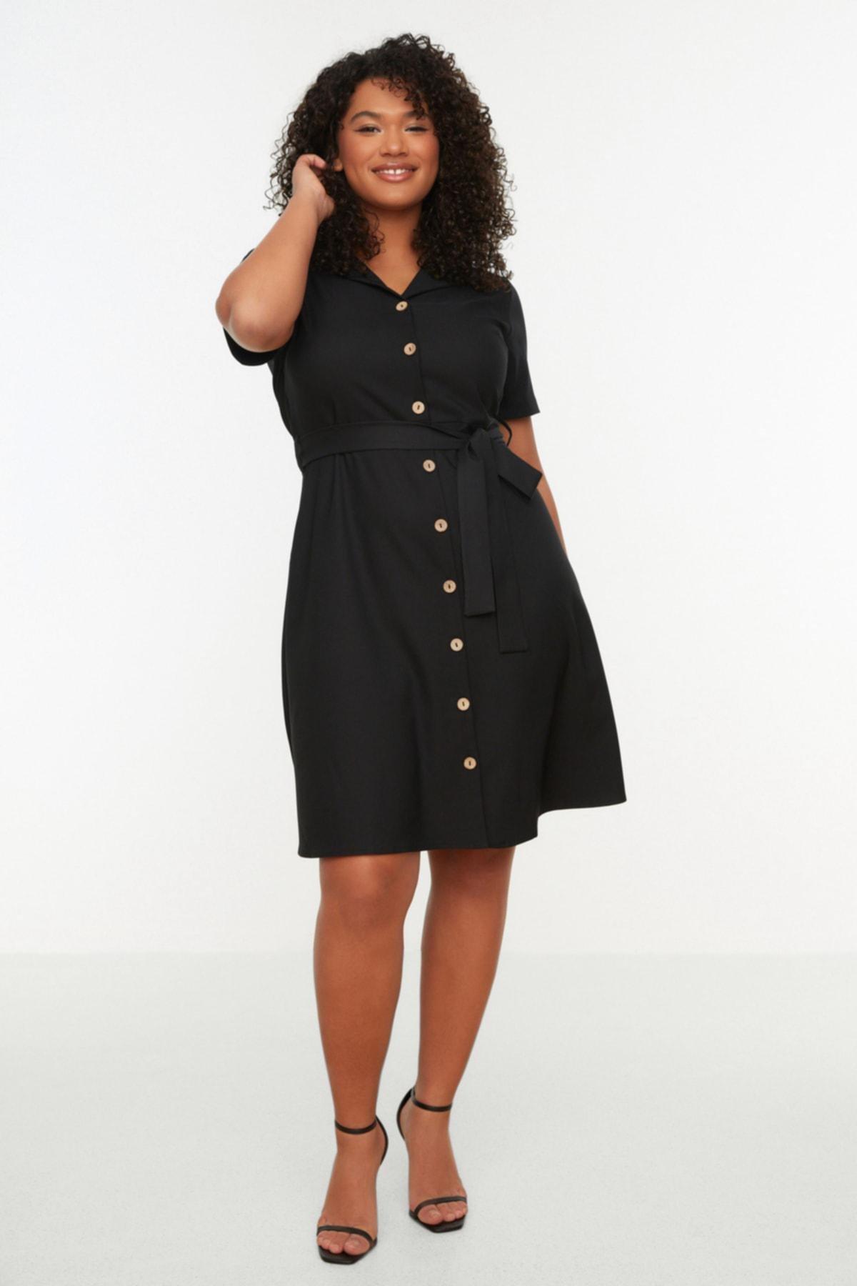 Black Shirt Dress Plus Size Lapel Collar Dress, Black, medium