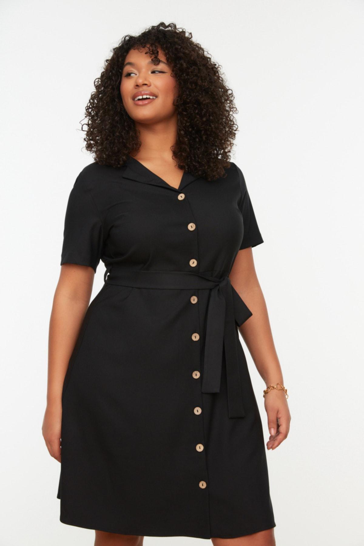 Black Shirt Dress Plus Size Lapel Collar Dress, Black, medium