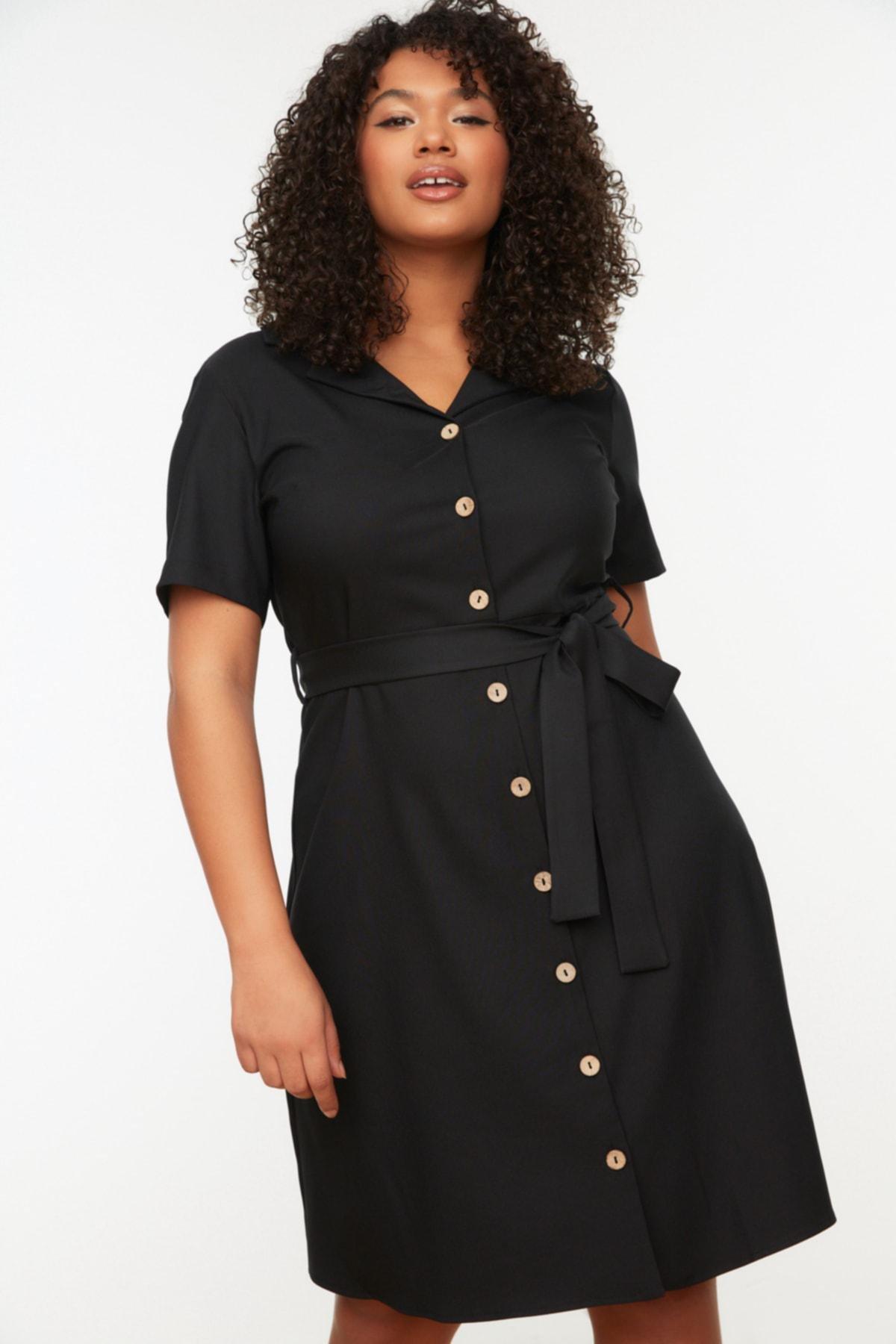 Black Shirt Dress Plus Size Lapel Collar Dress, , large image number 3