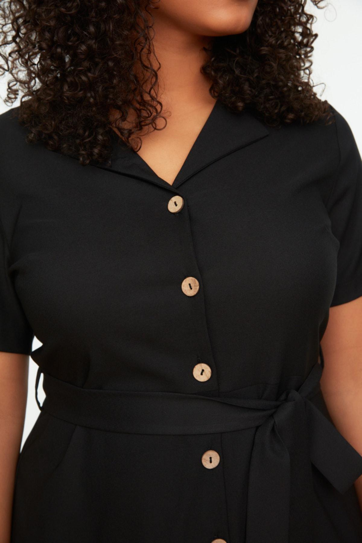 Trendyol - Black Shirt Dress Plus Size Lapel Collar Dress