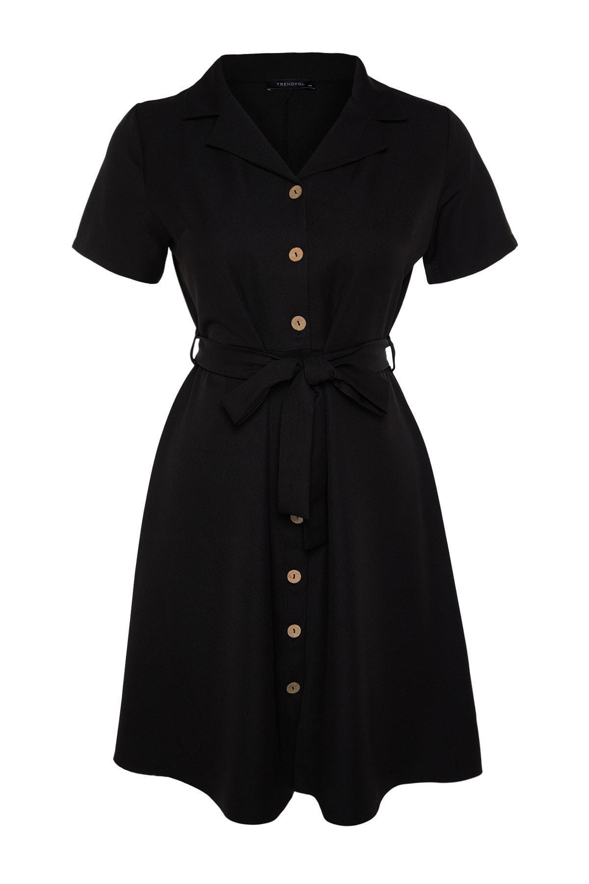 Trendyol - Black Shirt Dress Plus Size Lapel Collar Dress