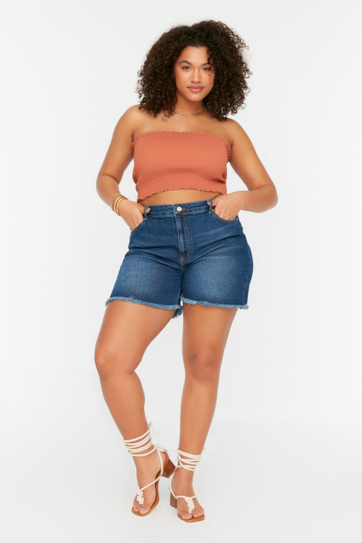 Blue Mid Waist Plus-Size Shorts, , large image number 0