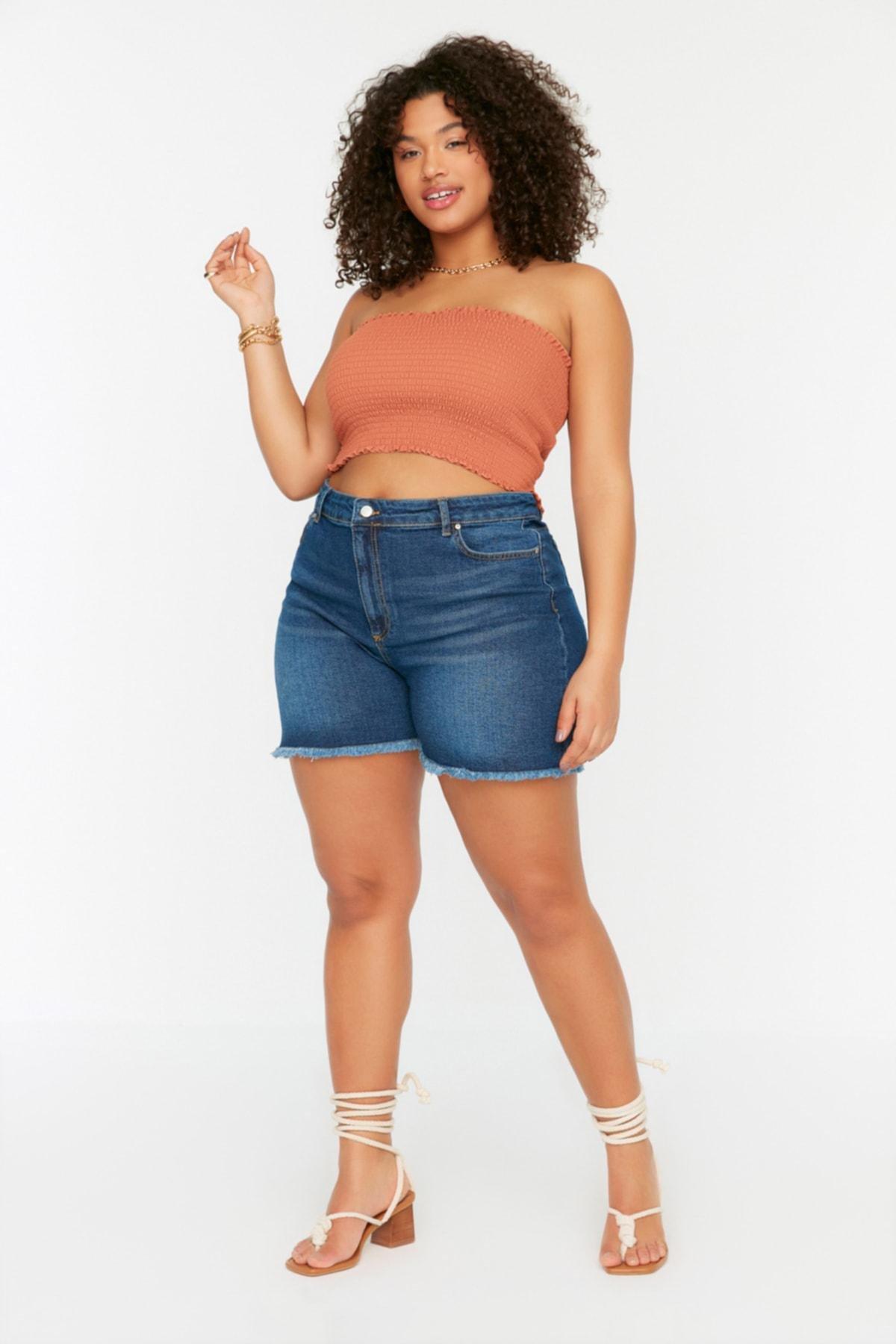 Trendyol - Blue Mid Waist Plus Size Shorts