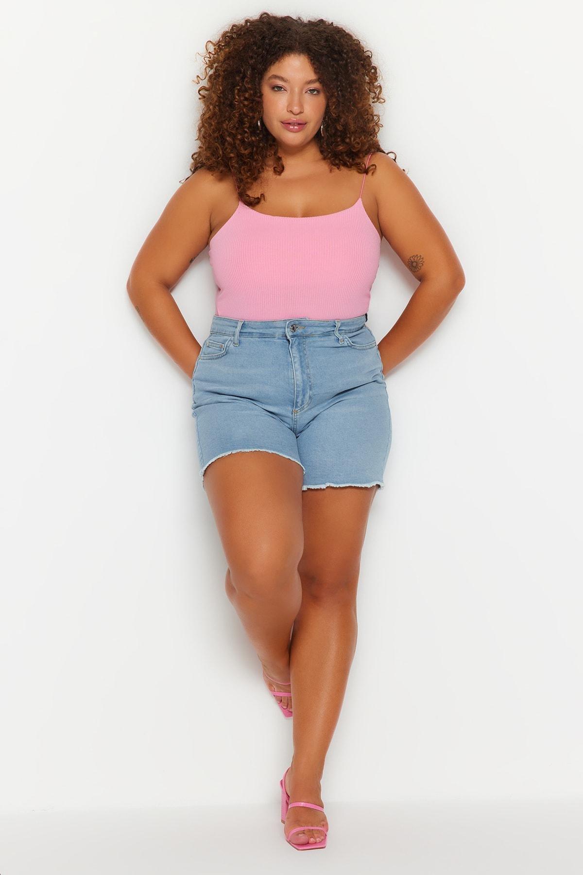 Trendyol - Blue Mid Waist Plus Size Shorts