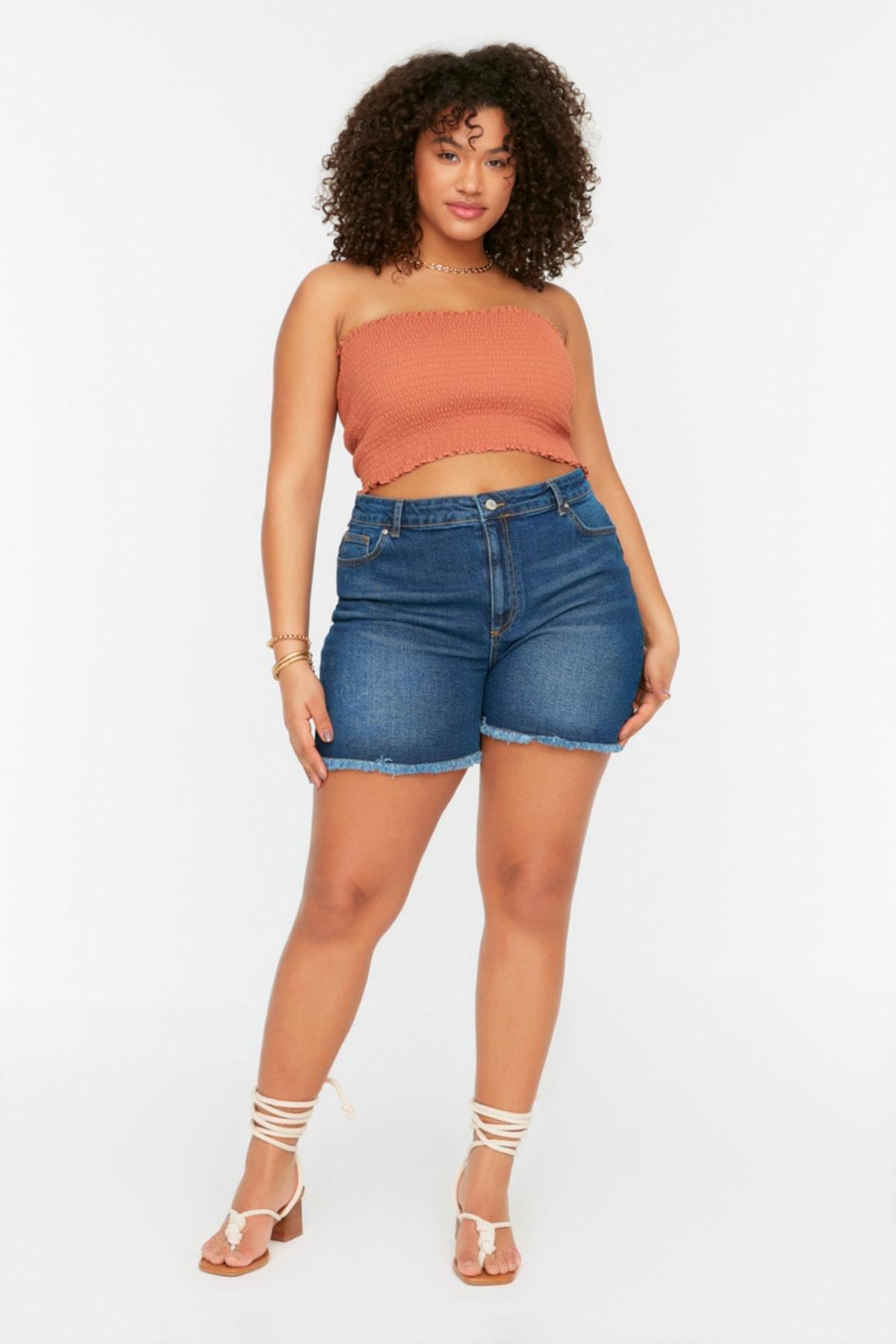 Trendyol - Blue Mid Waist Plus Size Shorts