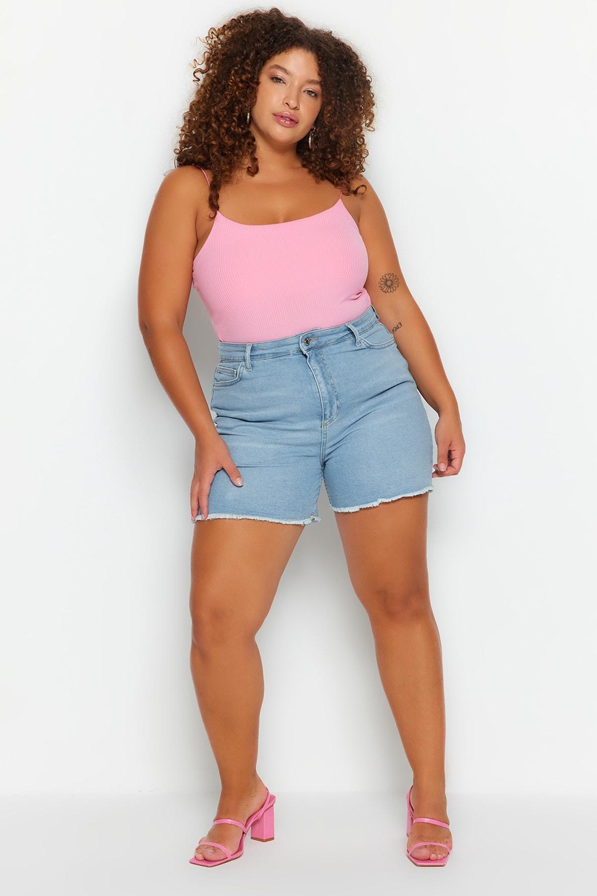 Blue Mid Waist Plus-Size Shorts, , large image number 5