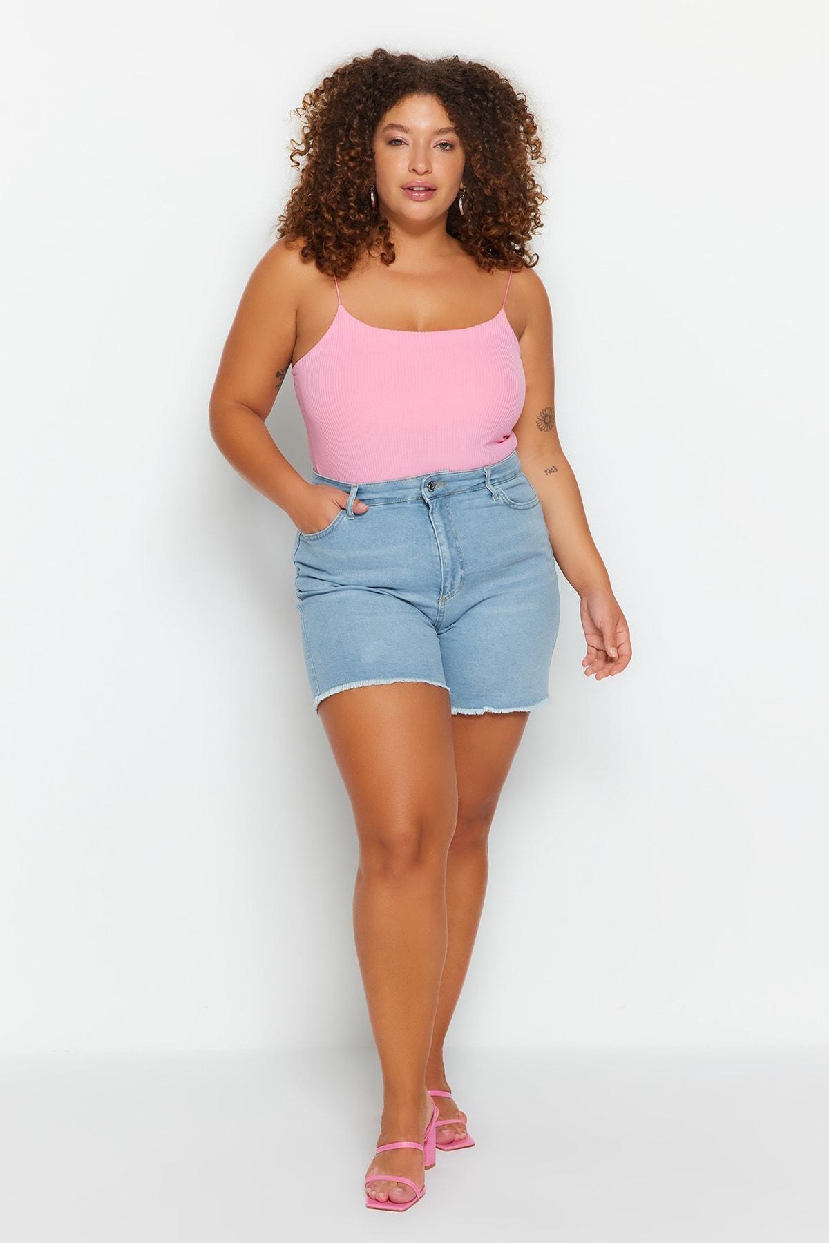 Blue Mid Waist Plus-Size Shorts, , large image number 6