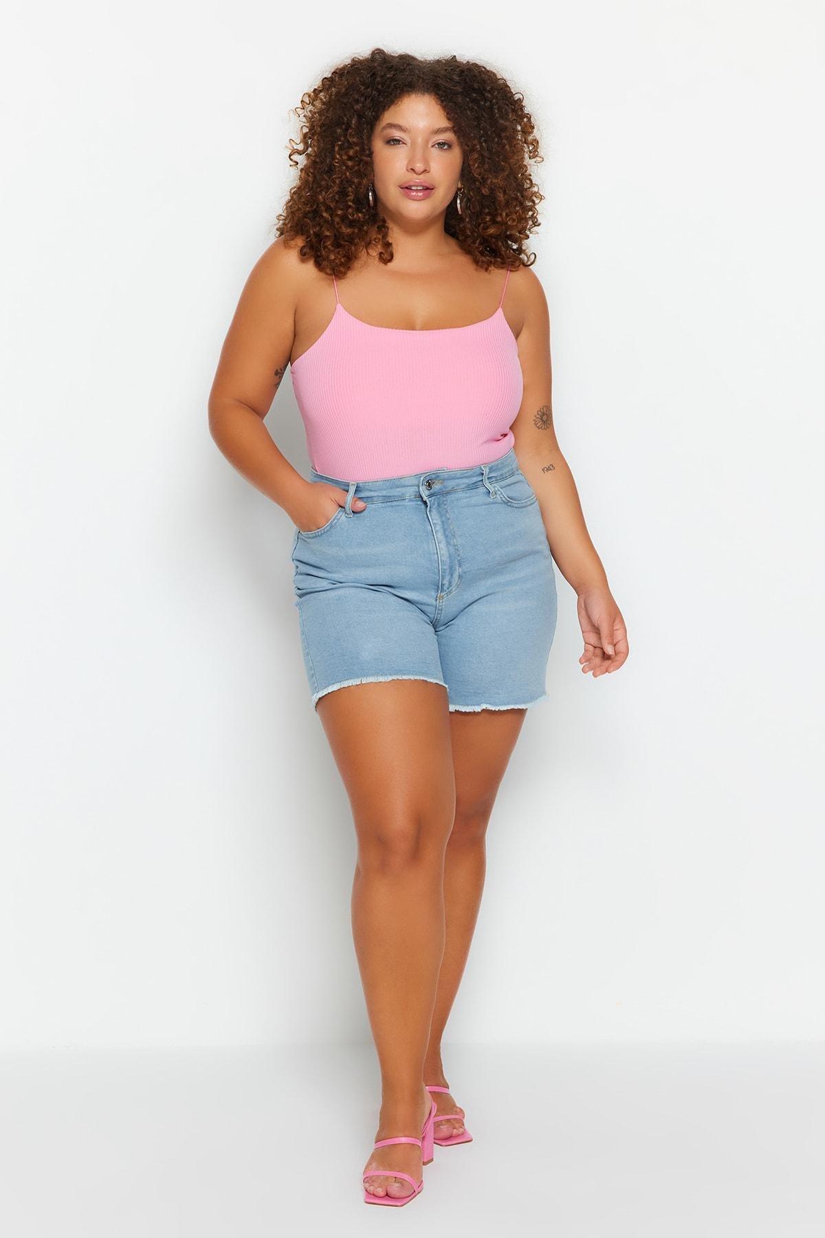 Trendyol - Blue Mid Waist Plus Size Shorts