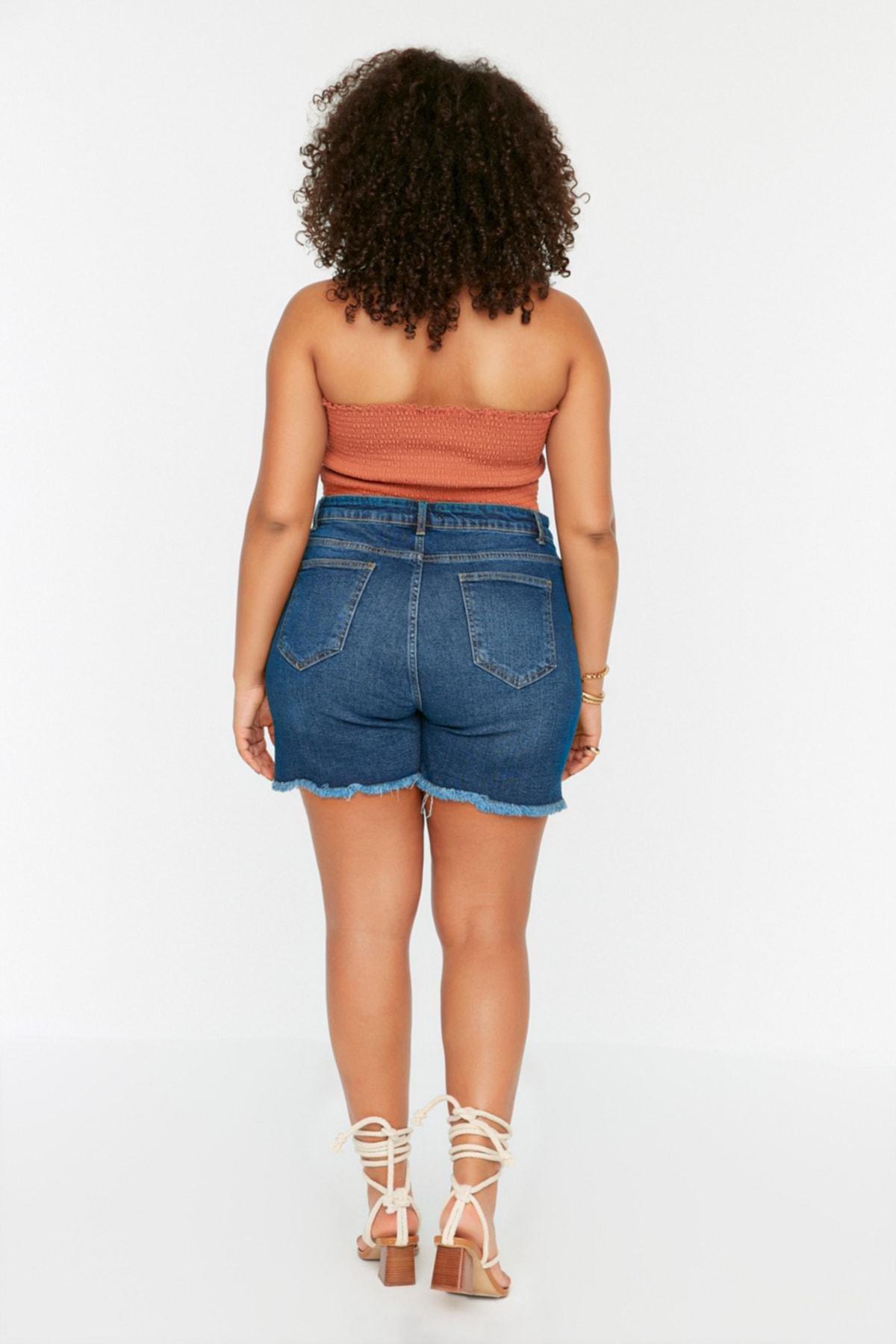 Blue Mid Waist Plus-Size Shorts, , large image number 7