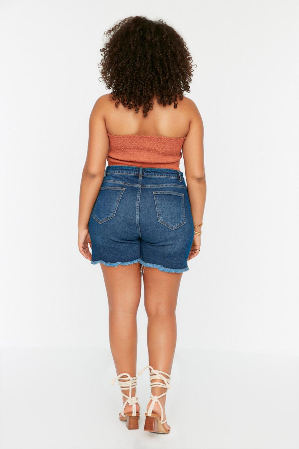 Trendyol - Blue Mid Waist Plus Size Shorts