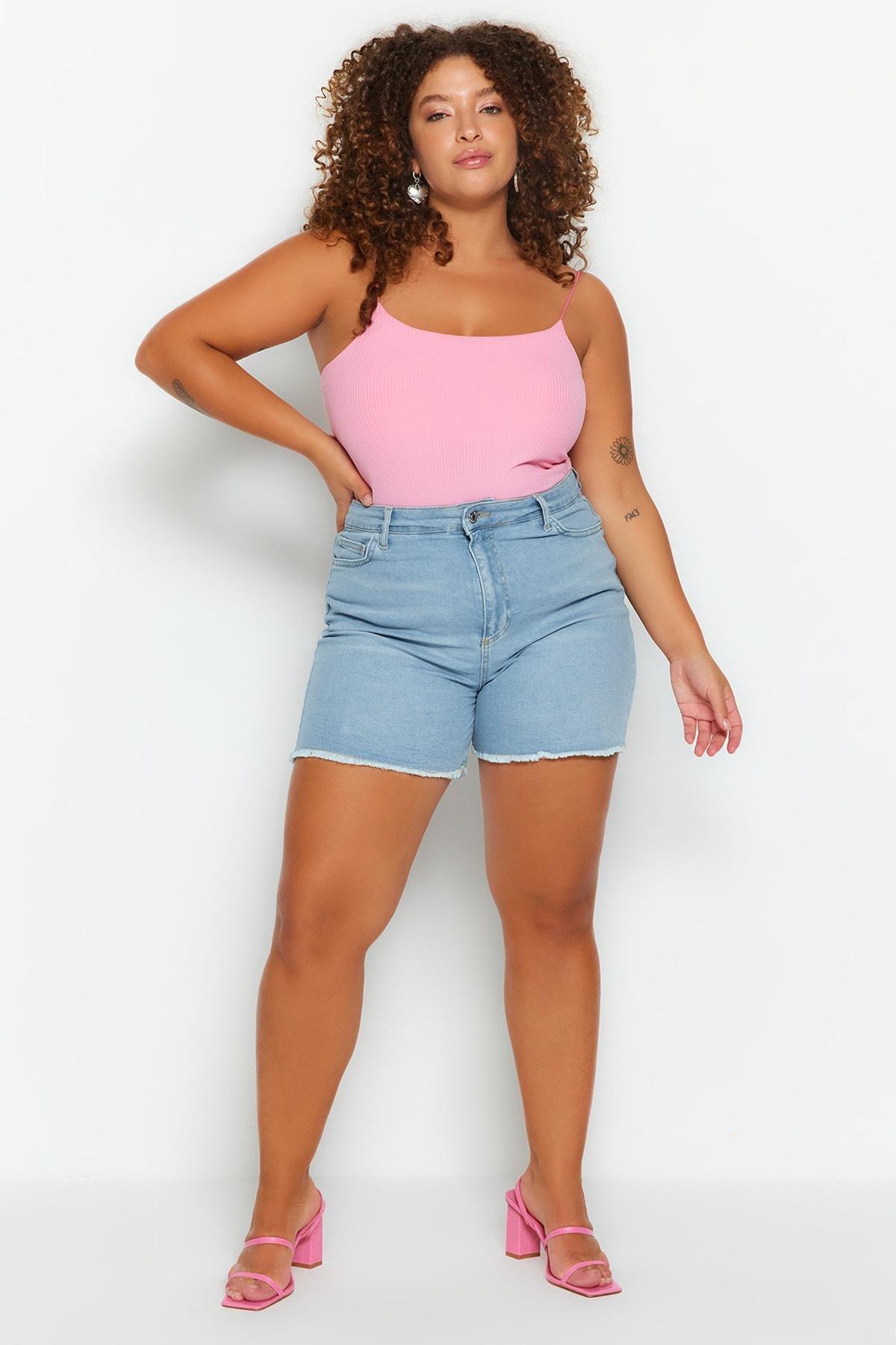 Blue Mid Waist Plus-Size Shorts, , large image number 8