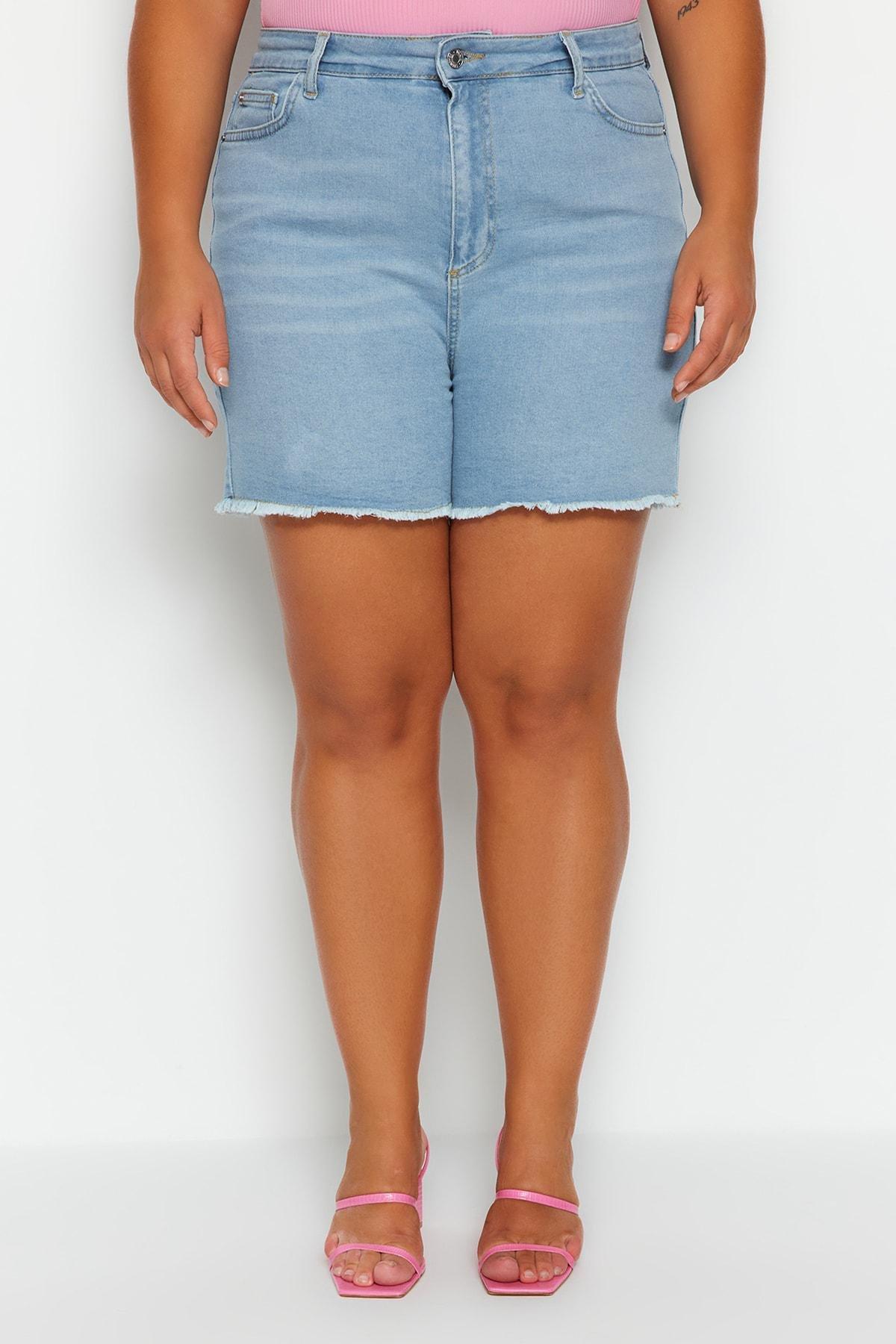 Blue Mid Waist Plus-Size Shorts, , large image number 9