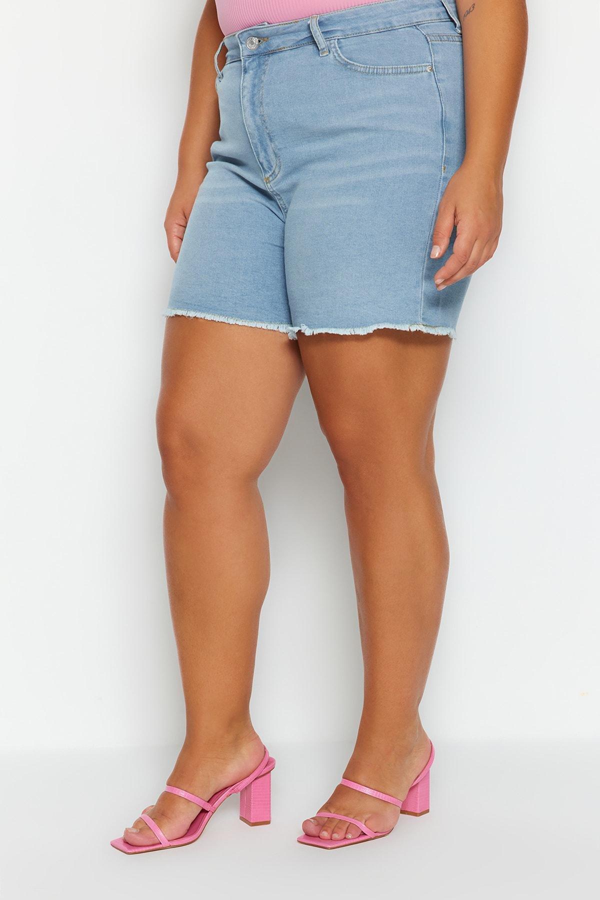 Blue Mid Waist Plus-Size Shorts, , large image number 11