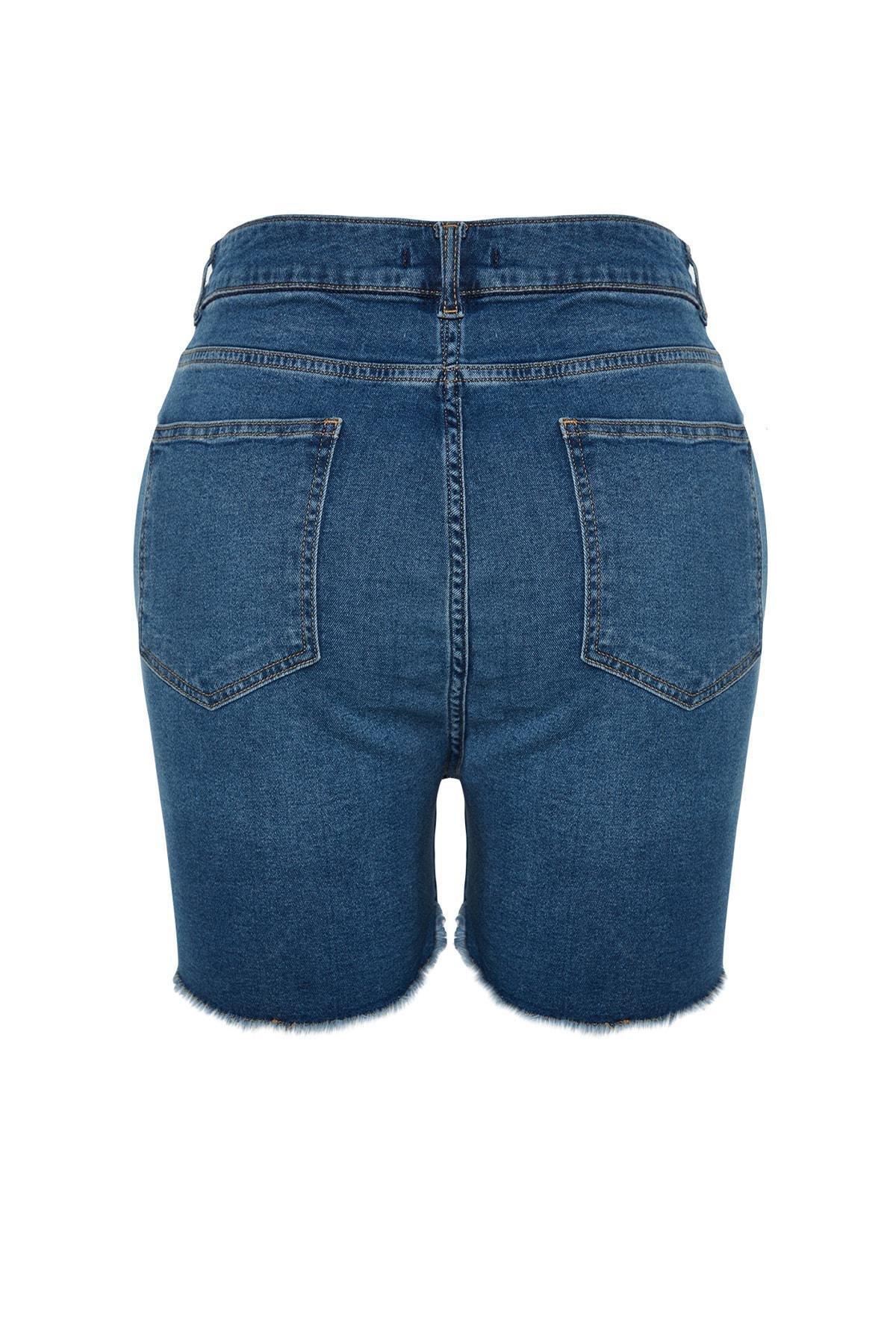 Blue Mid Waist Plus-Size Shorts, , large image number 12