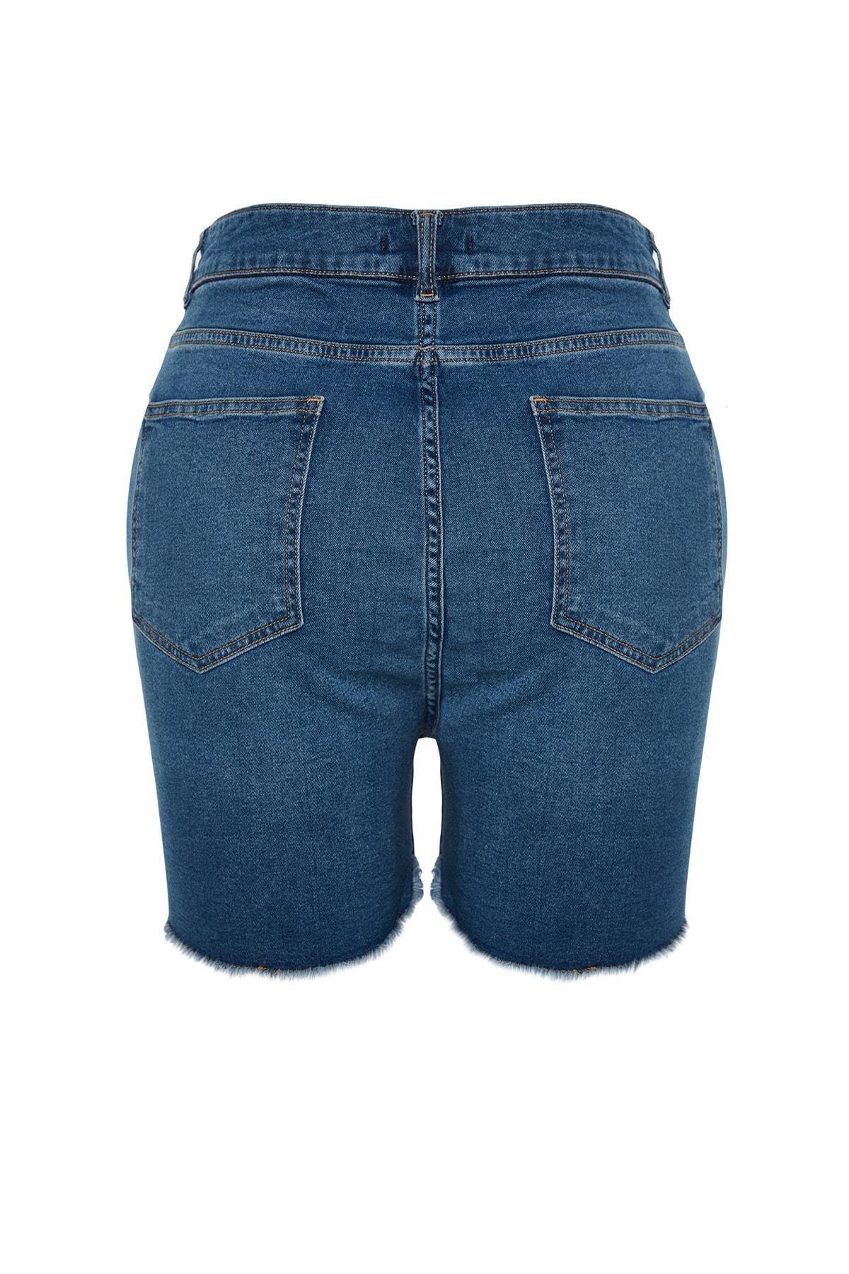 Trendyol - Blue Mid Waist Plus Size Shorts