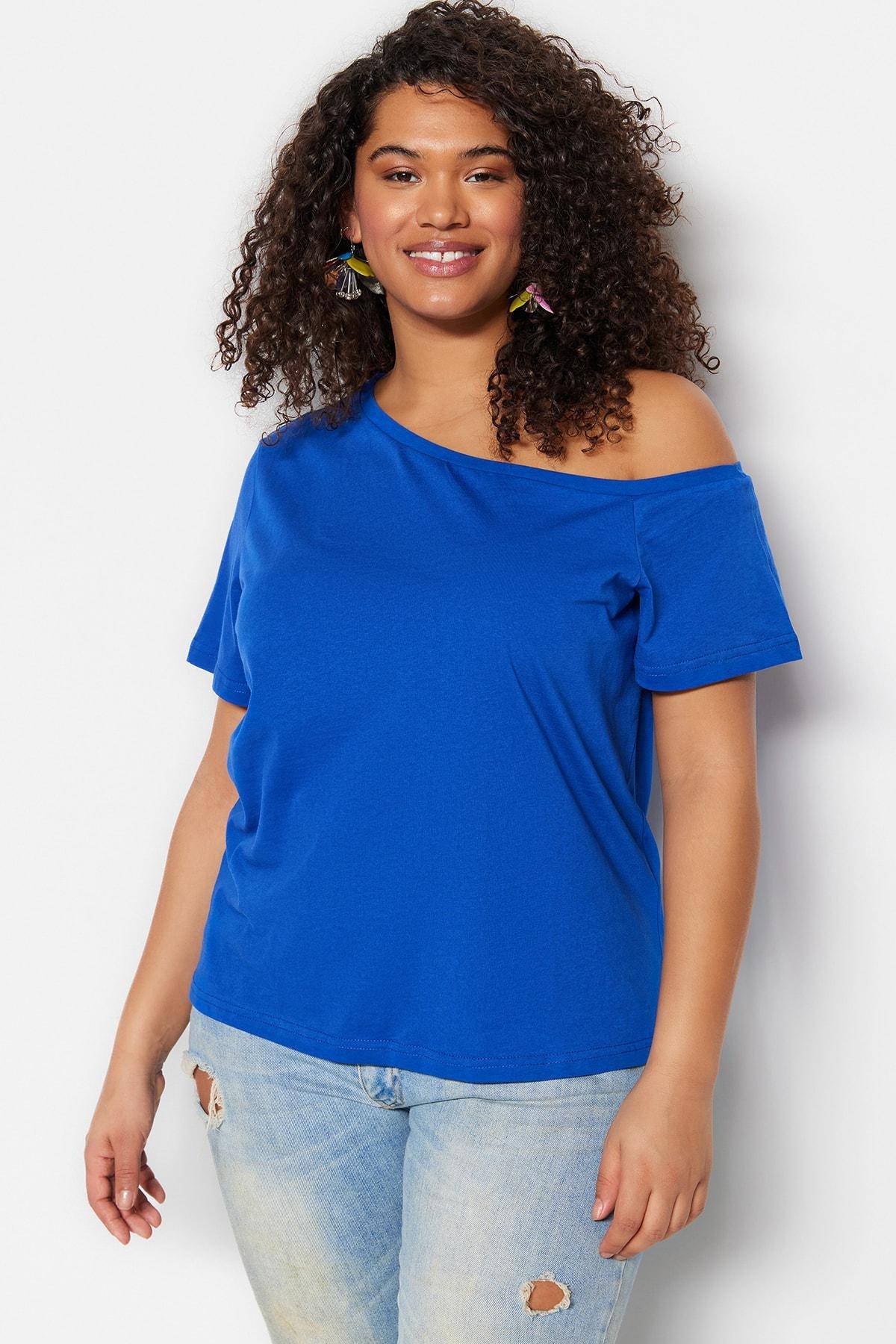 Blue Boat Neck Plus Size Blouse, , large image number 0
