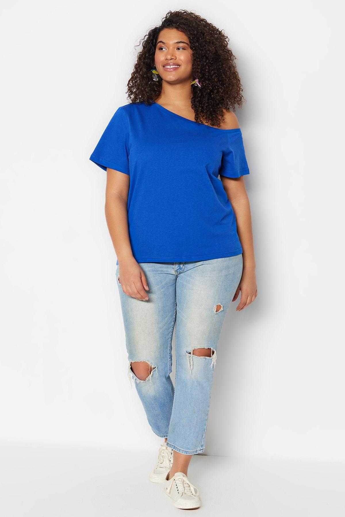 Blue Boat Neck Plus Size Blouse, , large image number 1