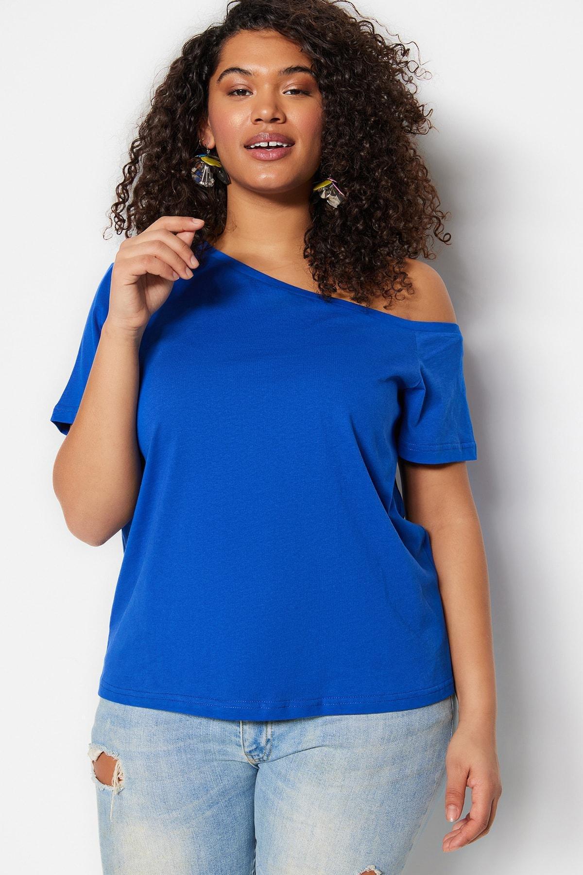 Blue Boat Neck Plus Size Blouse, , large image number 2