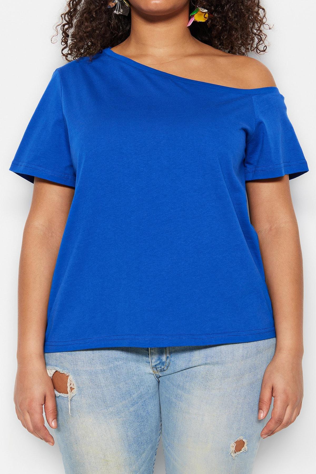 Blue Boat Neck Plus Size Blouse, , large image number 3