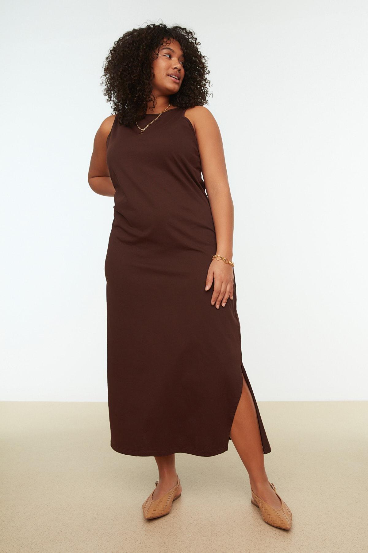 Brown Mermaid Plus Size Midi Dress, , large image number 0