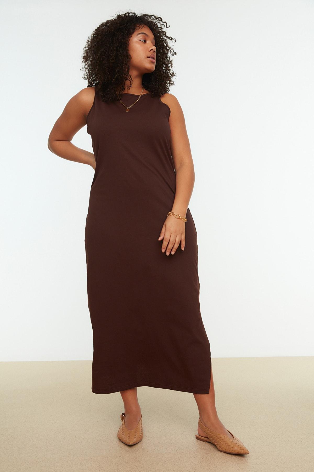 Brown Mermaid Plus Size Midi Dress, , large image number 1