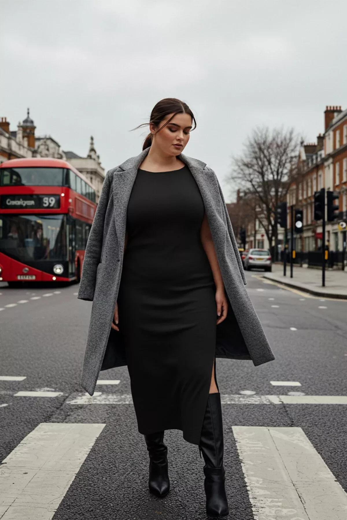 Black Mermaid Plus Size Midi Dress, Black, medium