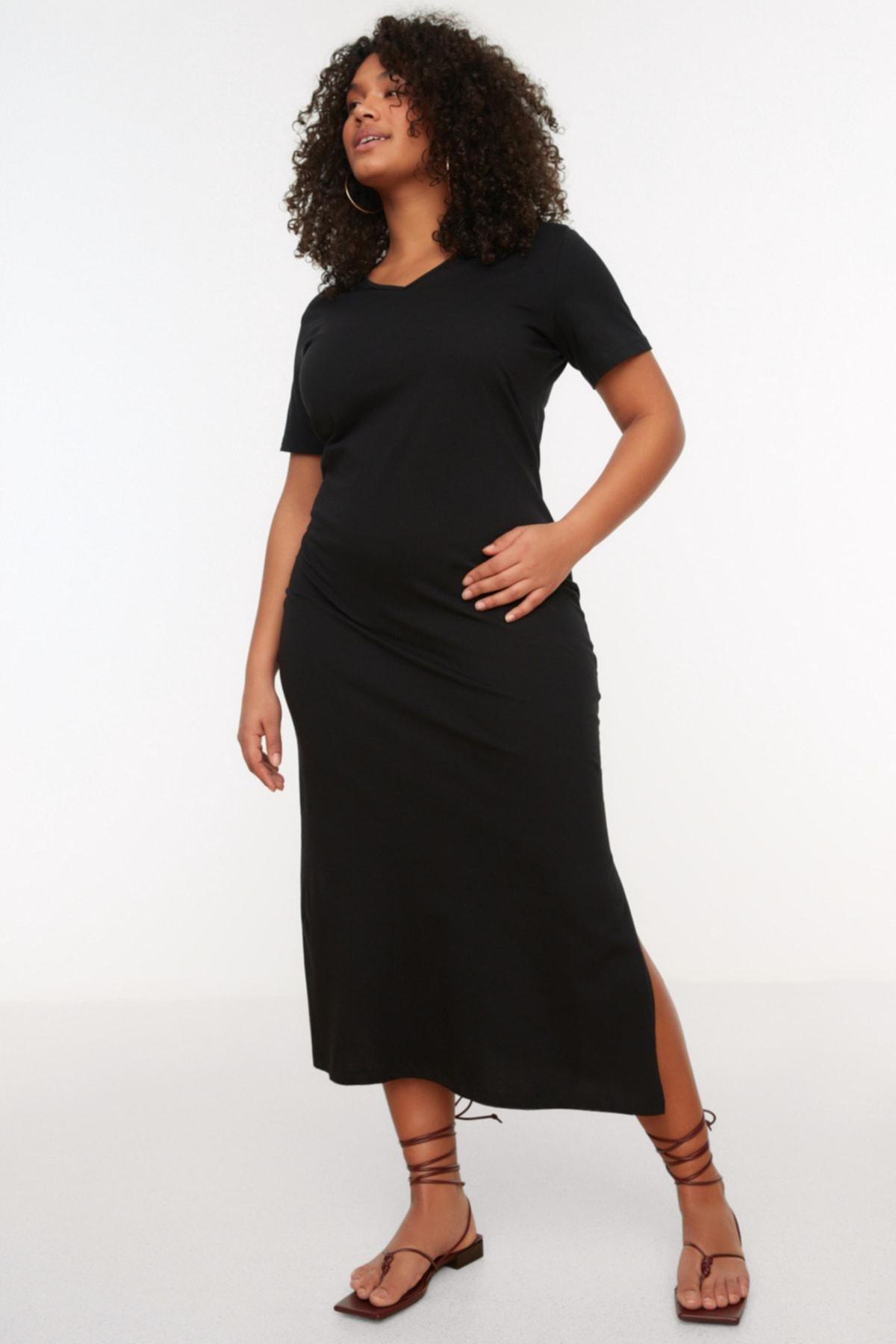 Trendyol - Black V Neck Plus Size Dress