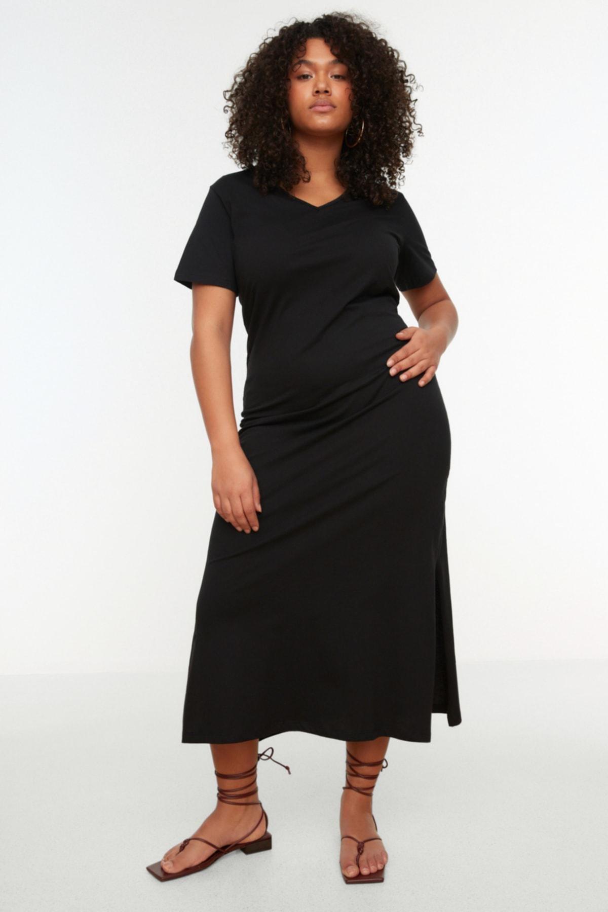 Trendyol - Black V Neck Plus Size Dress