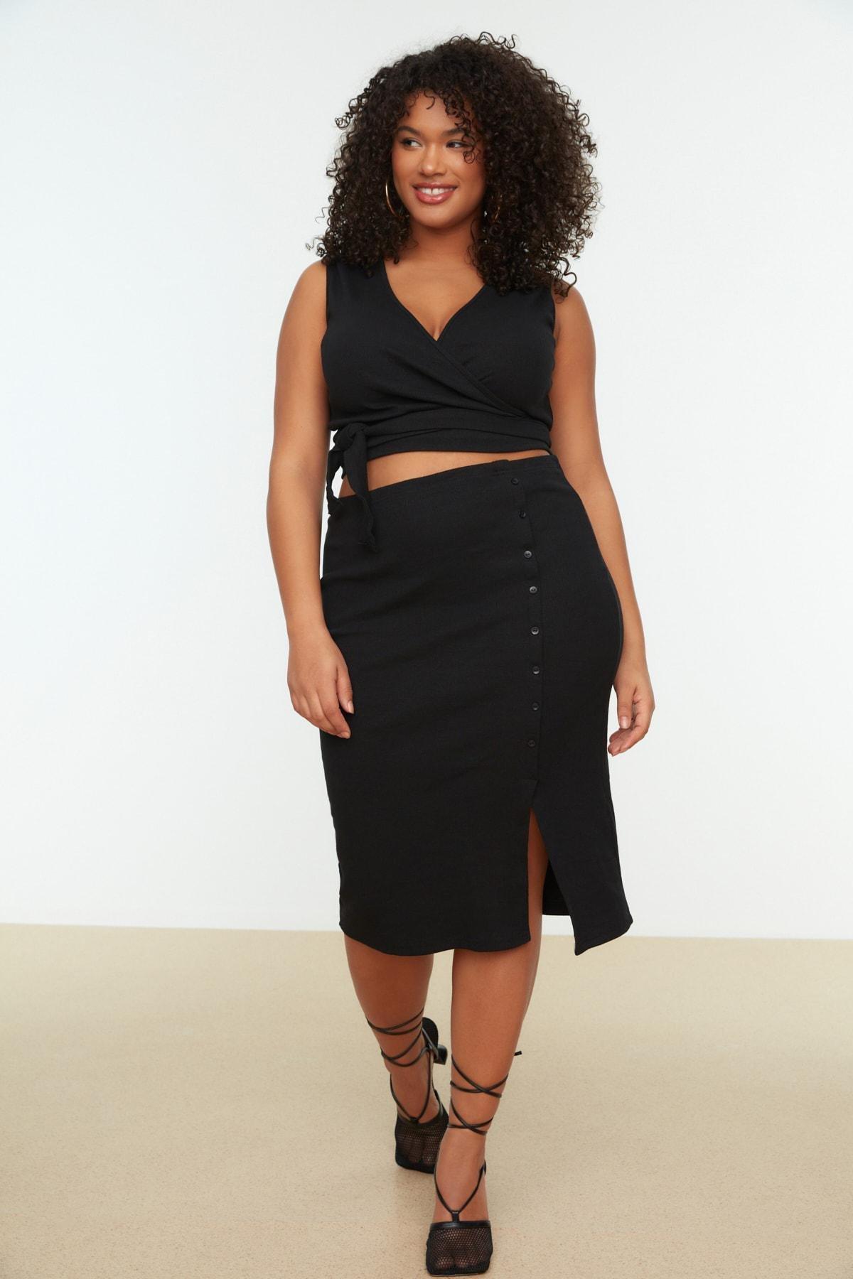 Black Double-Breasted Plus Size Two Piece Set, , large image number 1