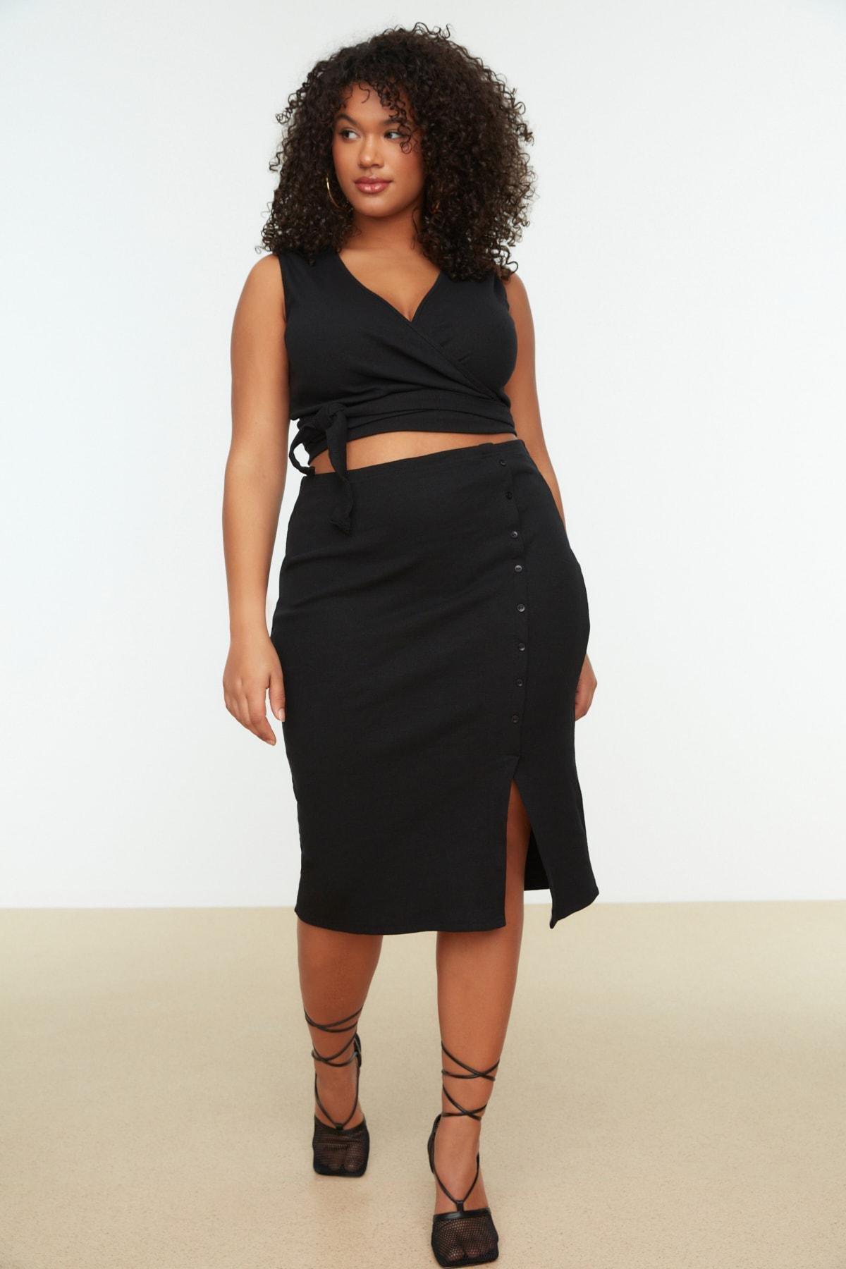 Trendyol - Black Double-Breasted Plus Size Two Piece Set