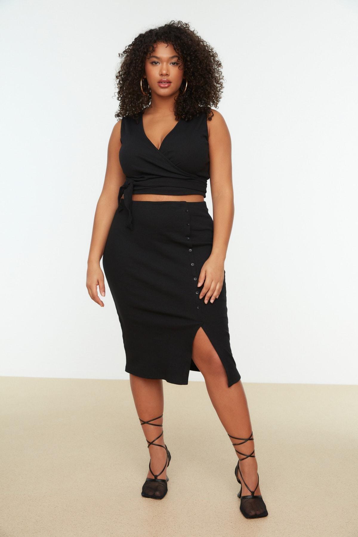 Trendyol - Black Double-Breasted Plus Size Two Piece Set