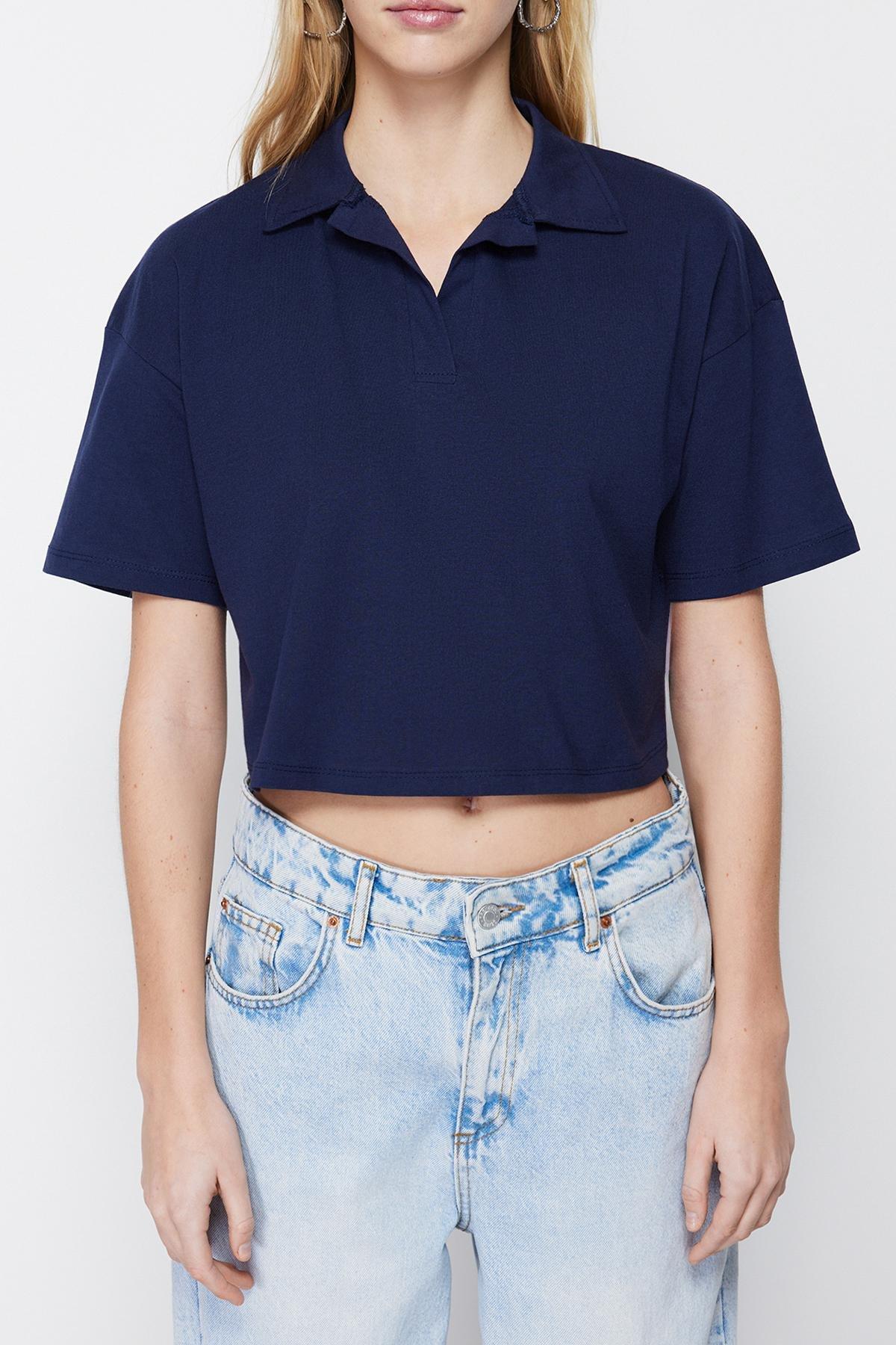 Navy Cotton Crop Polo Neck Knitted T-Shirt, , large image number 3