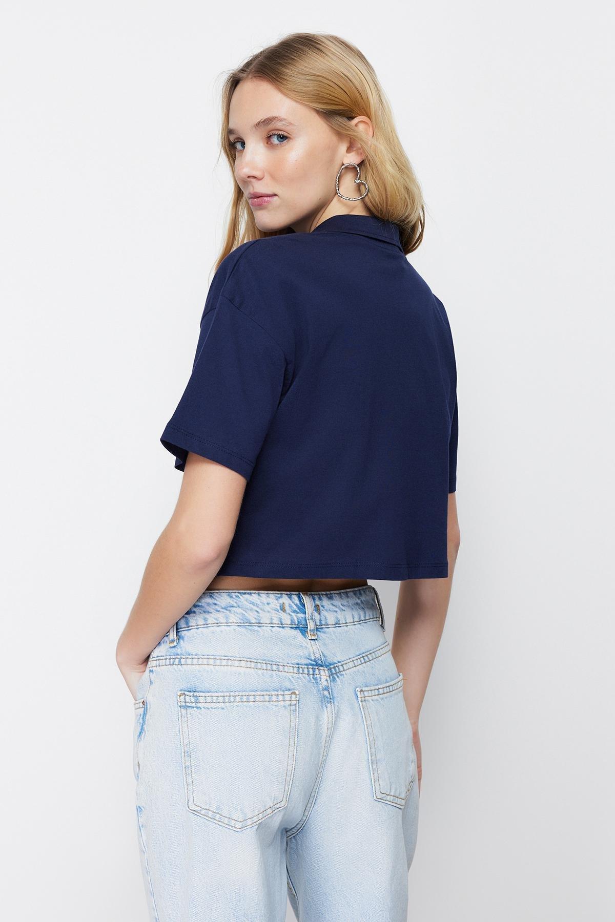 Navy Cotton Crop Polo Neck Knitted T-Shirt, , large image number 4