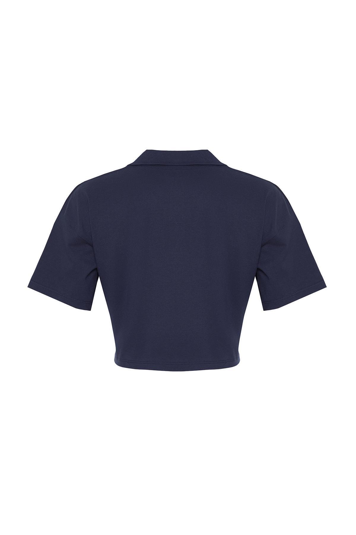 Navy Cotton Crop Polo Neck Knitted T-Shirt, , large image number 5