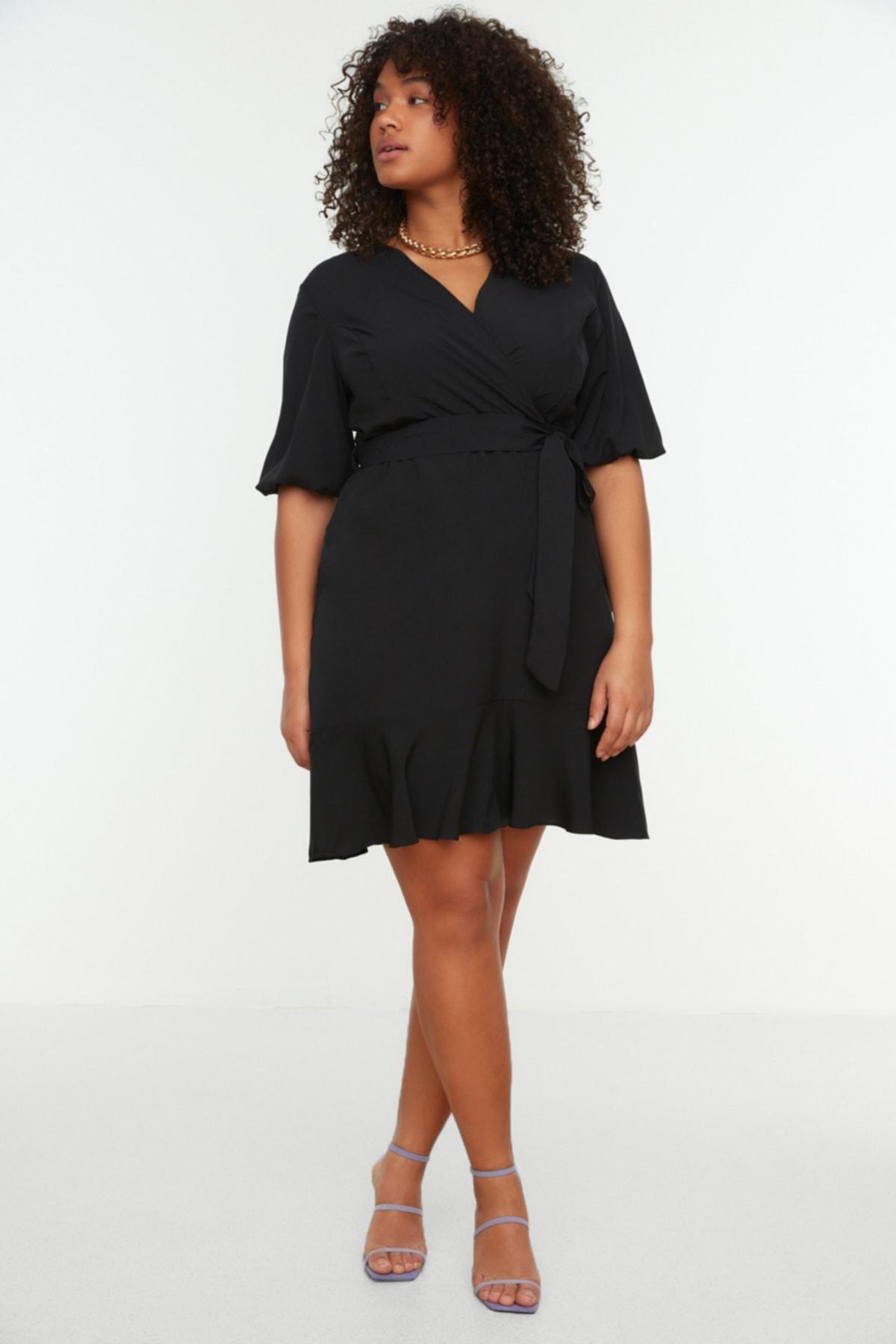 Black Wrapover V Neck Plus Size Dress, , large image number 0
