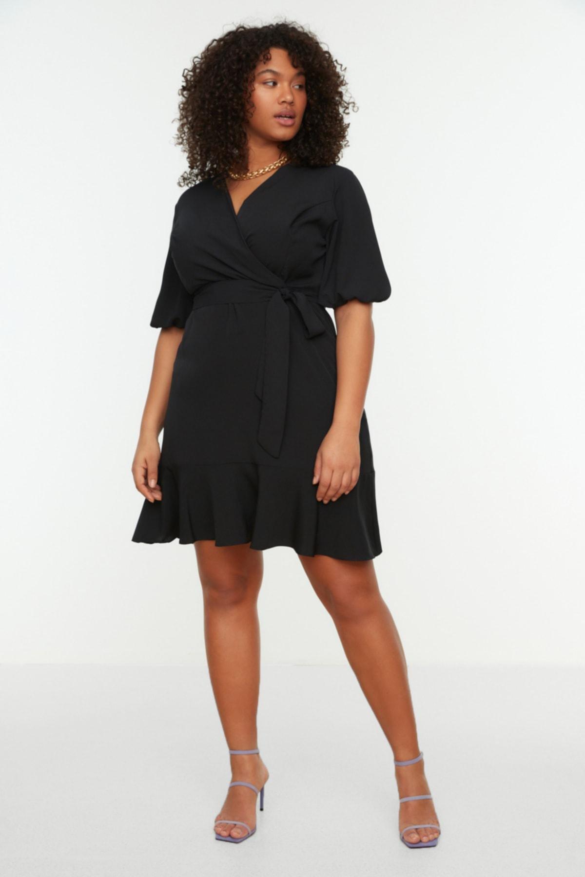 Black Wrapover V Neck Plus Size Dress, , large image number 1