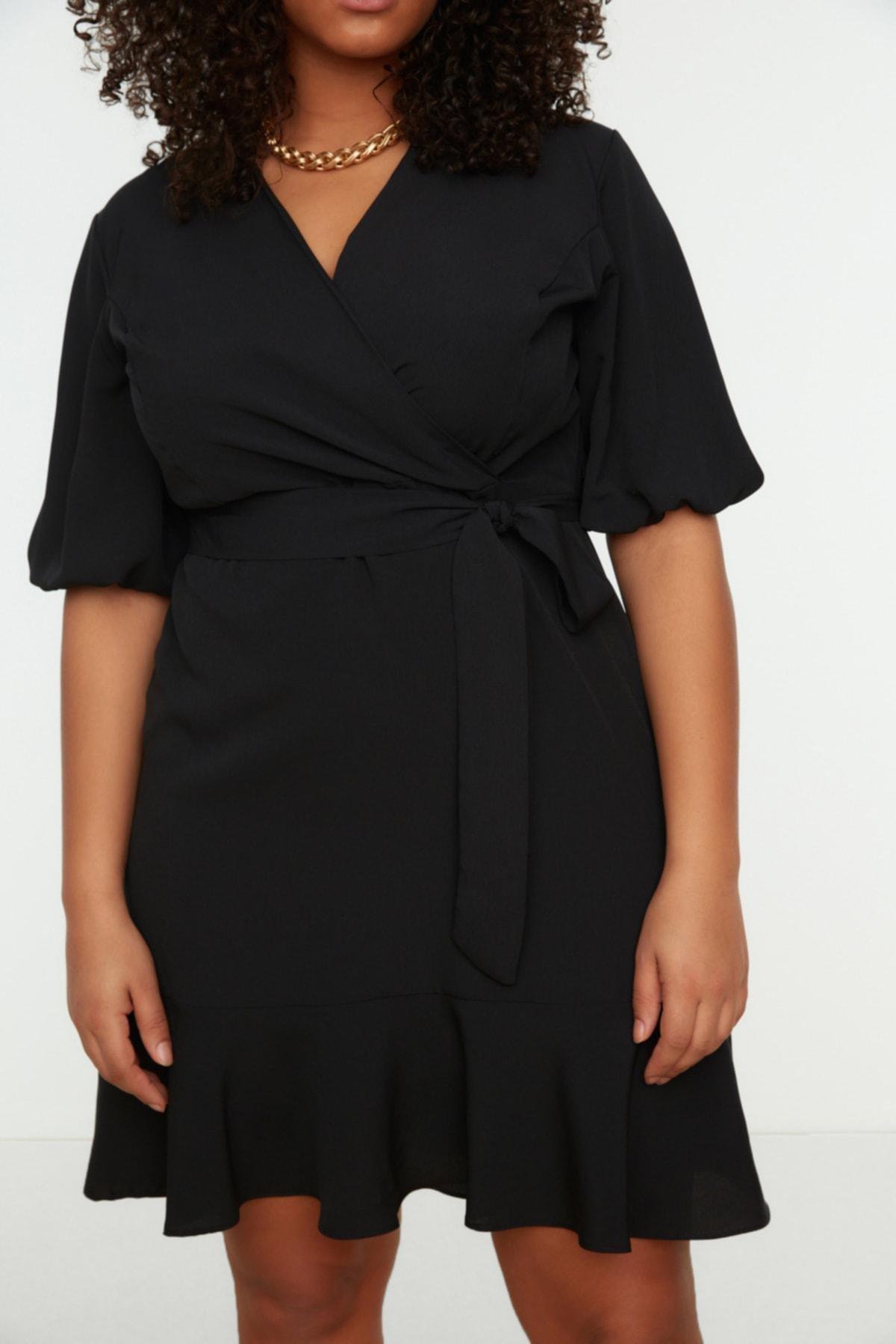 Black Wrapover V Neck Plus Size Dress, , large image number 2