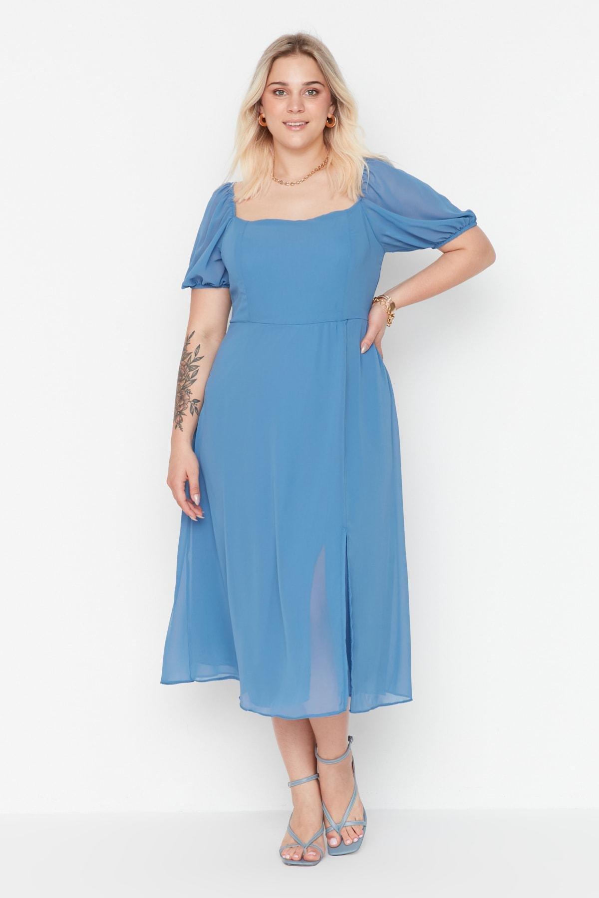 Blue A-Line Breasted Plus Size Midi Dress, , large image number 0