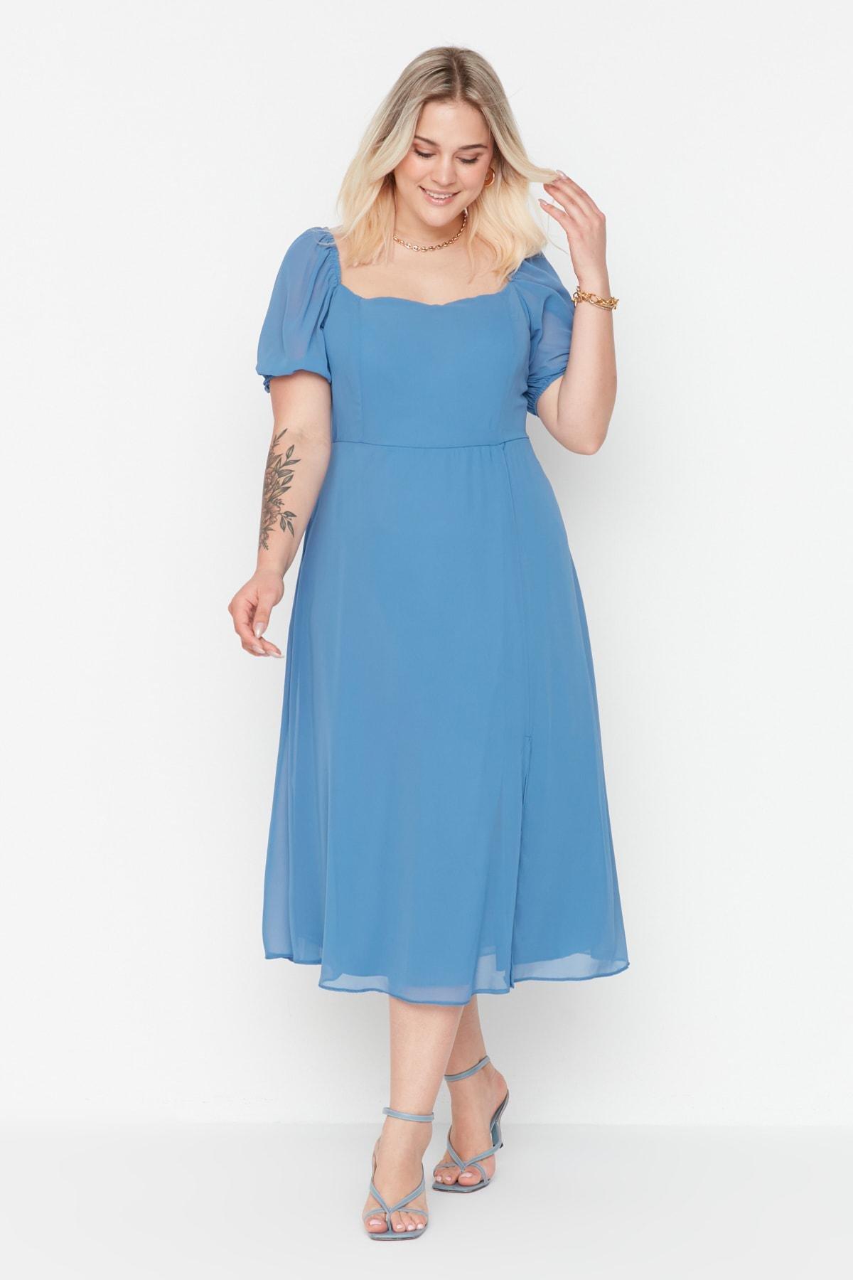 Blue A-Line Breasted Plus Size Midi Dress, , large image number 1