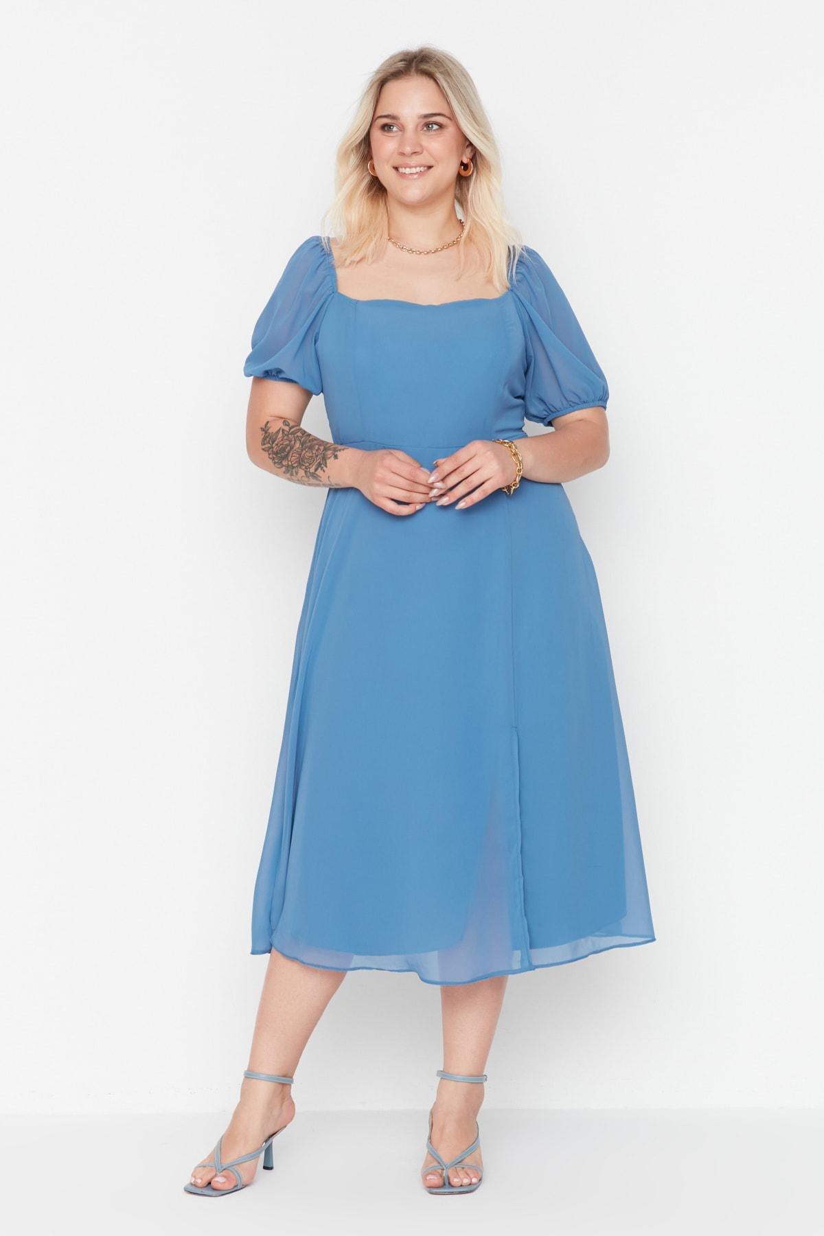 Trendyol - Blue A-Line Breasted Plus Size Midi Dress