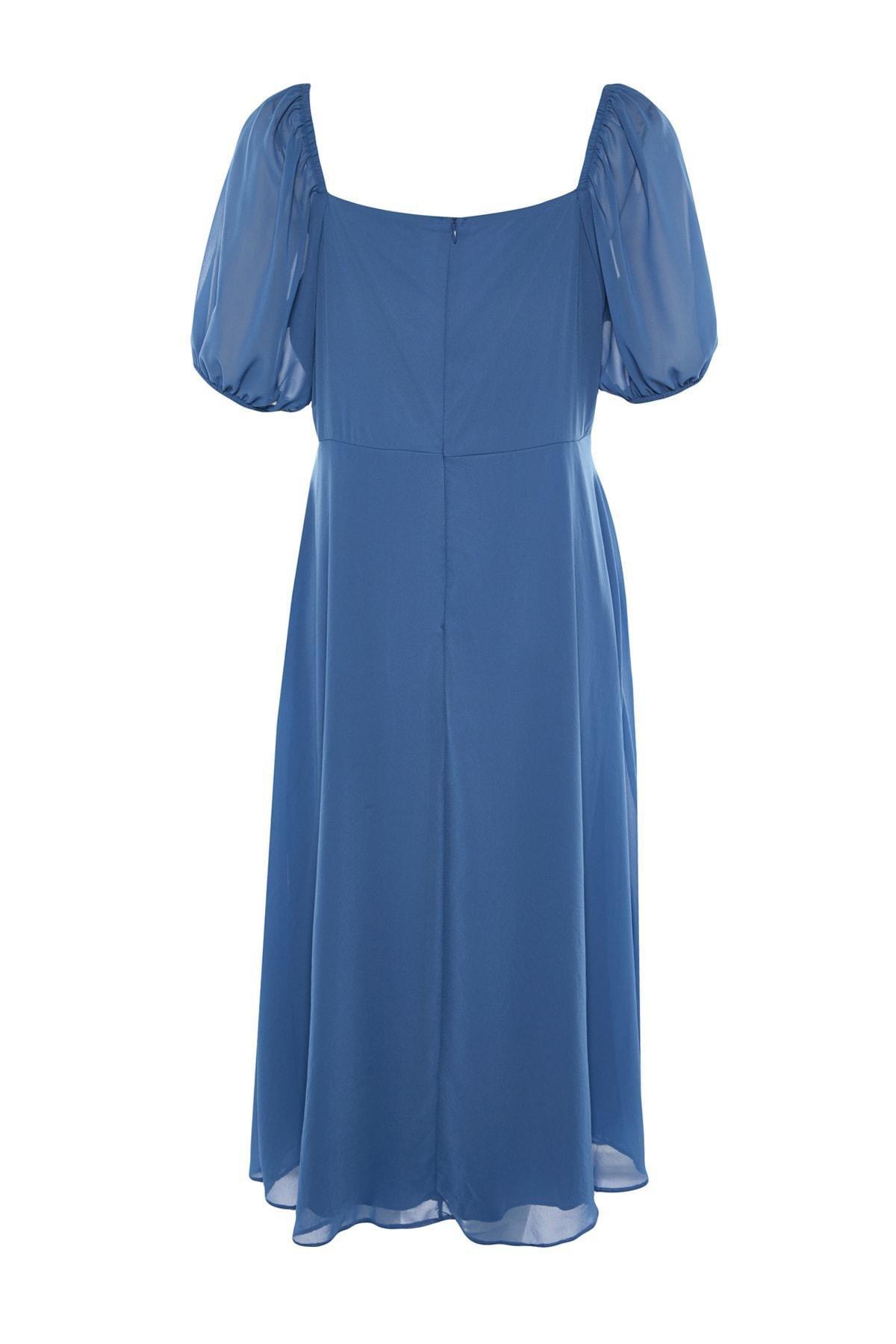 Blue A-Line Breasted Plus Size Midi Dress, , large image number 6