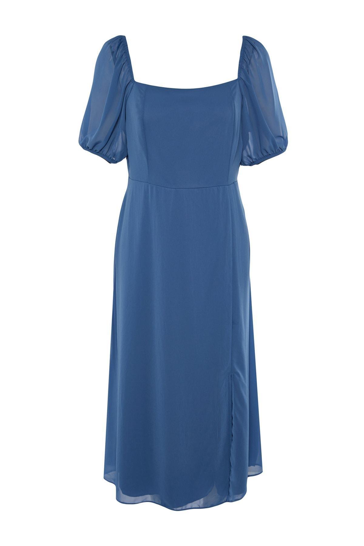 Blue A-Line Breasted Plus Size Midi Dress, , large image number 7