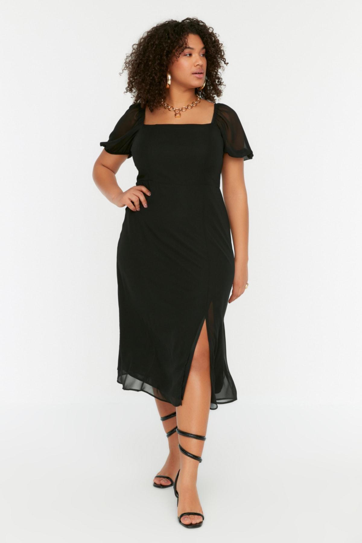 Black A Line Plus Size Midi Dress, , large image number 0