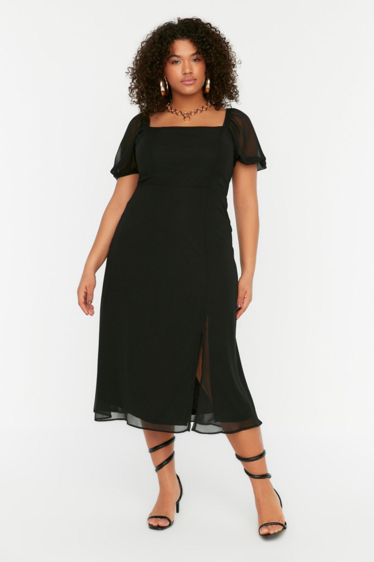 Black A Line Plus Size Midi Dress, , large image number 1