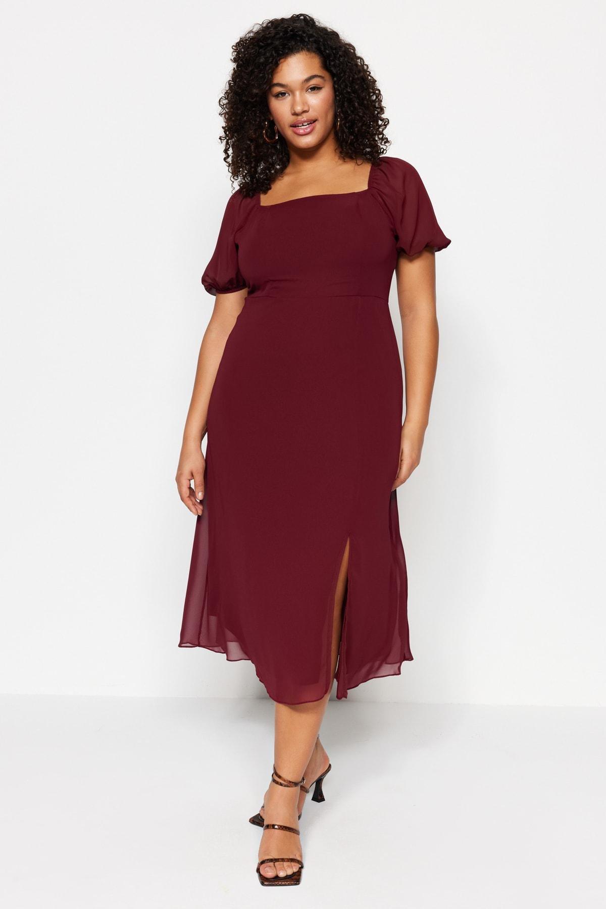 Burgundy A-Line Square Collar Midi Plus Size Dress, Burgundy, medium