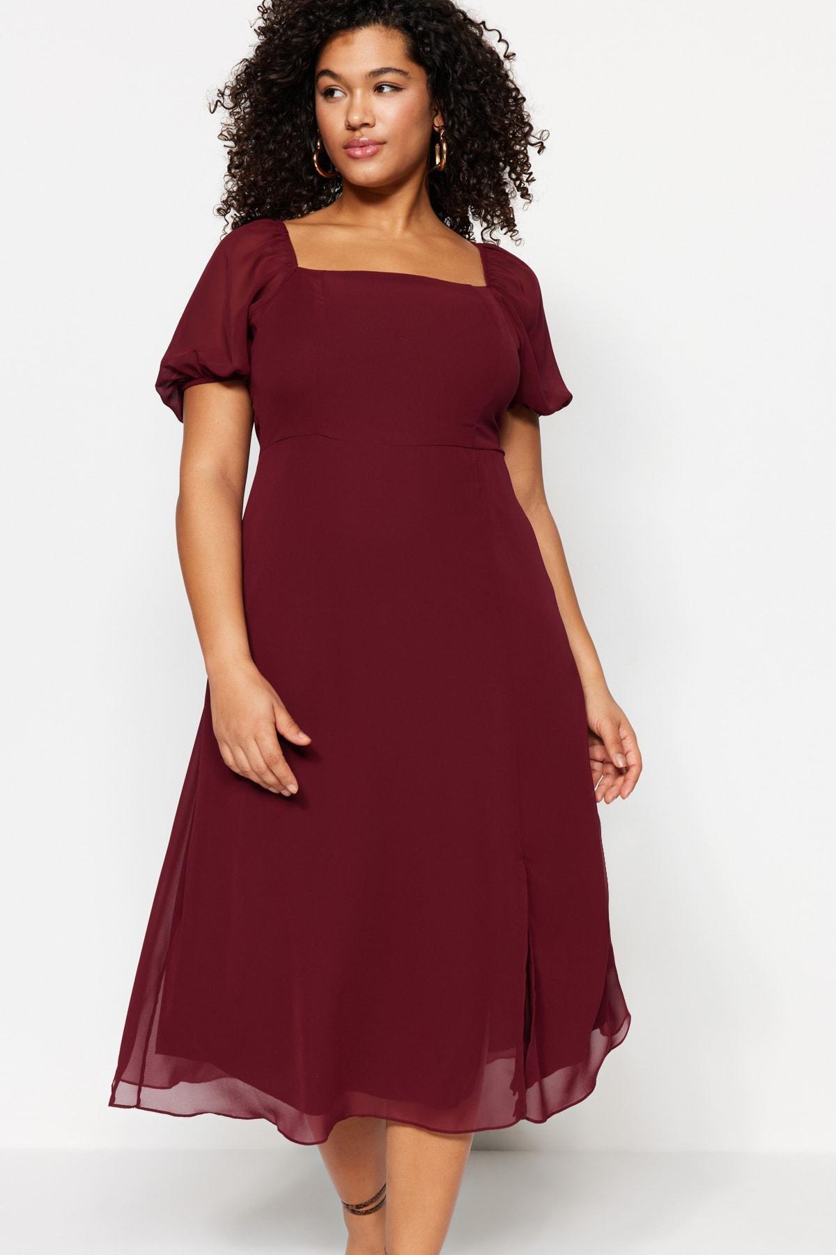 Burgundy A-Line Square Collar Midi Plus Size Dress, Burgundy, medium