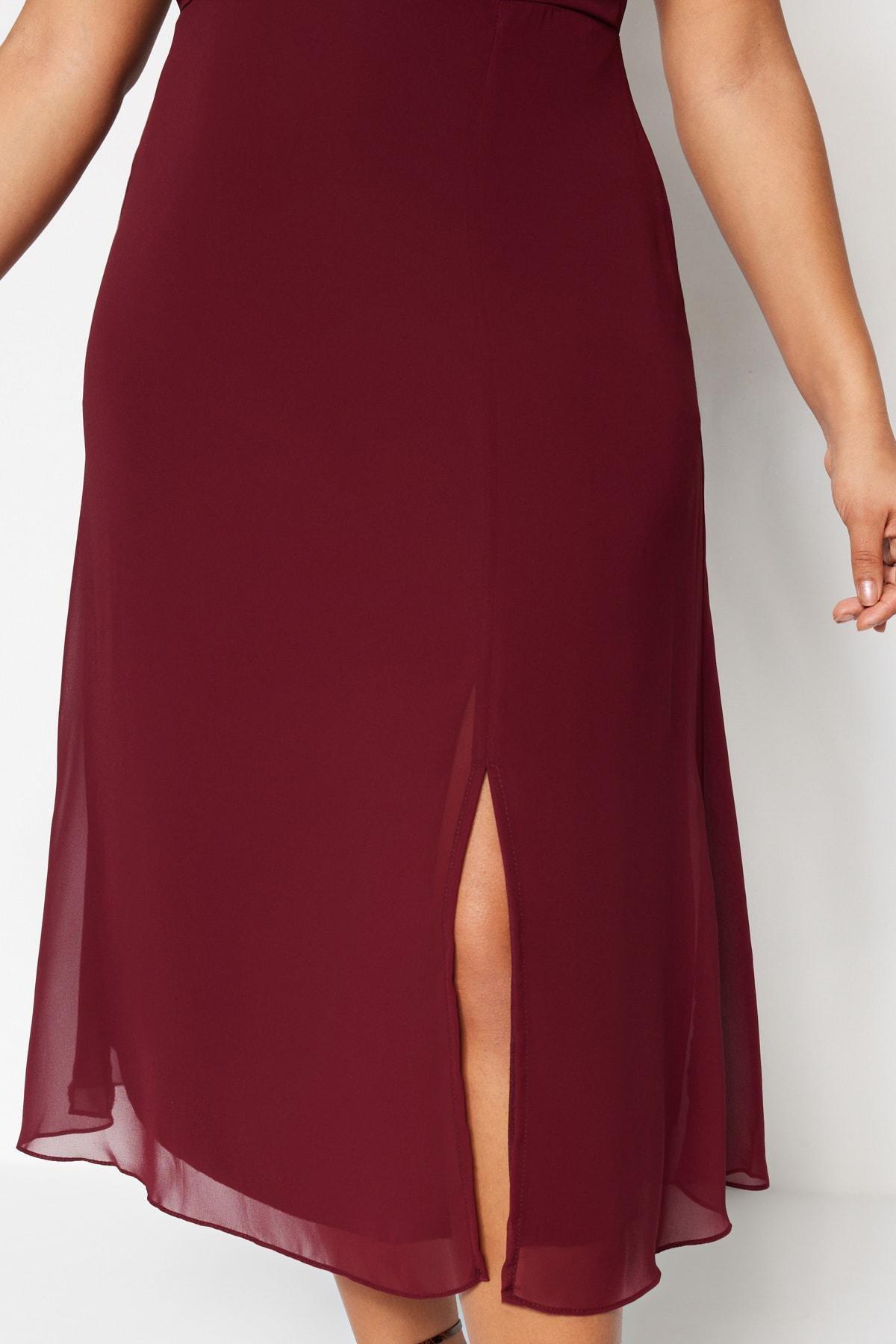 Burgundy A-Line Square Collar Midi Plus Size Dress, Burgundy, medium