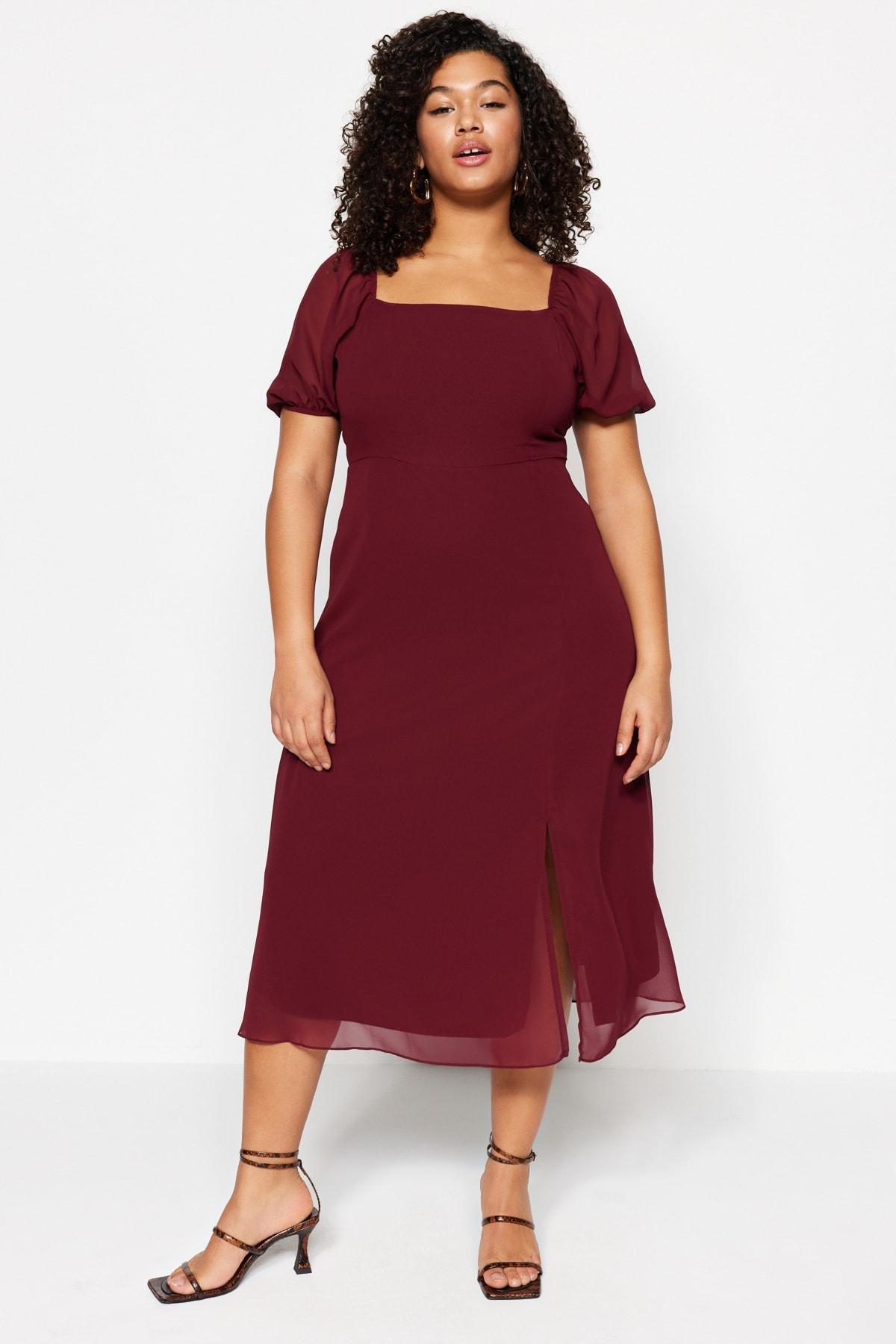 Burgundy A-Line Square Collar Midi Plus Size Dress, , large image number 3