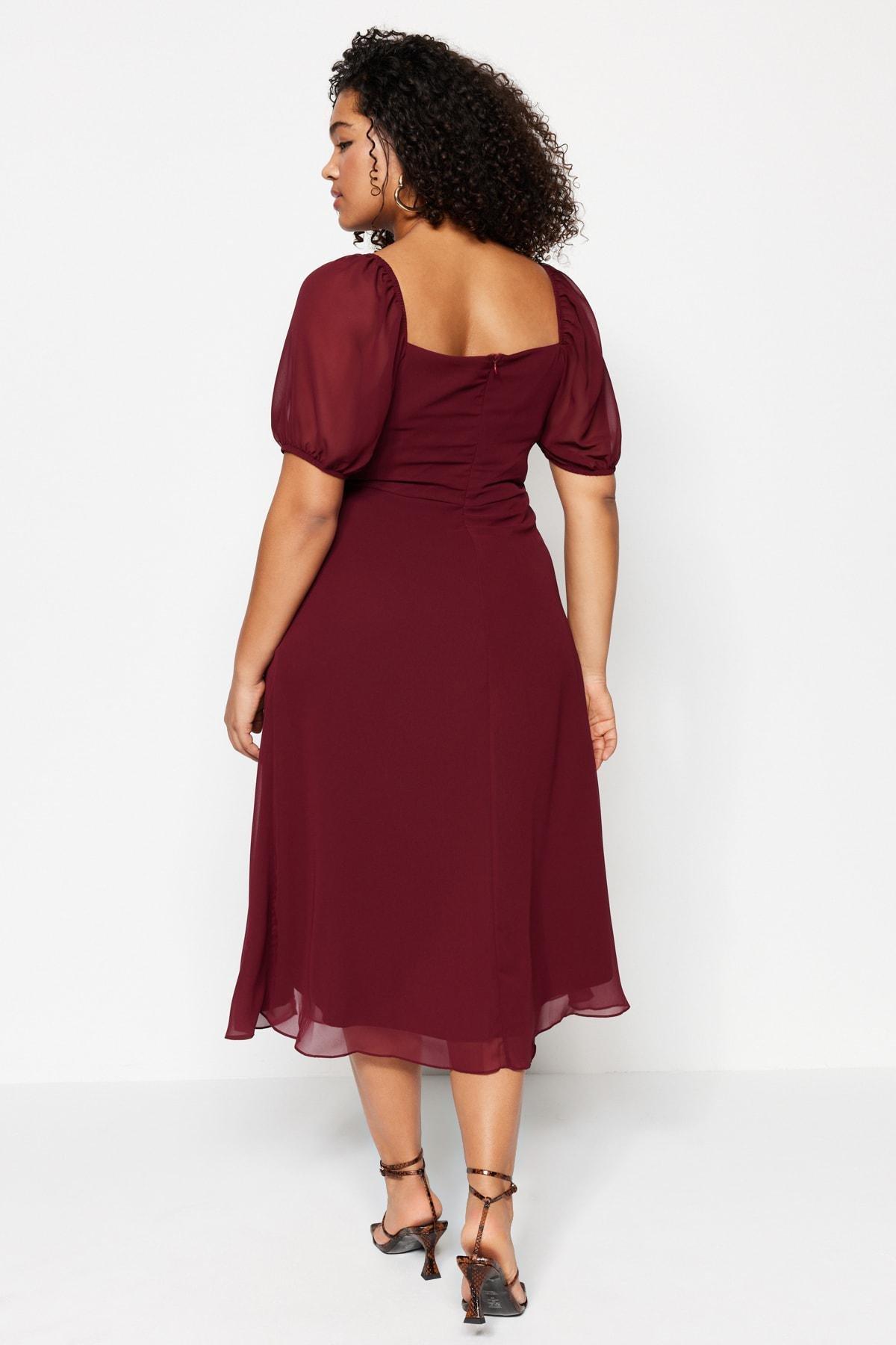 Burgundy A-Line Square Collar Midi Plus Size Dress, , large image number 4